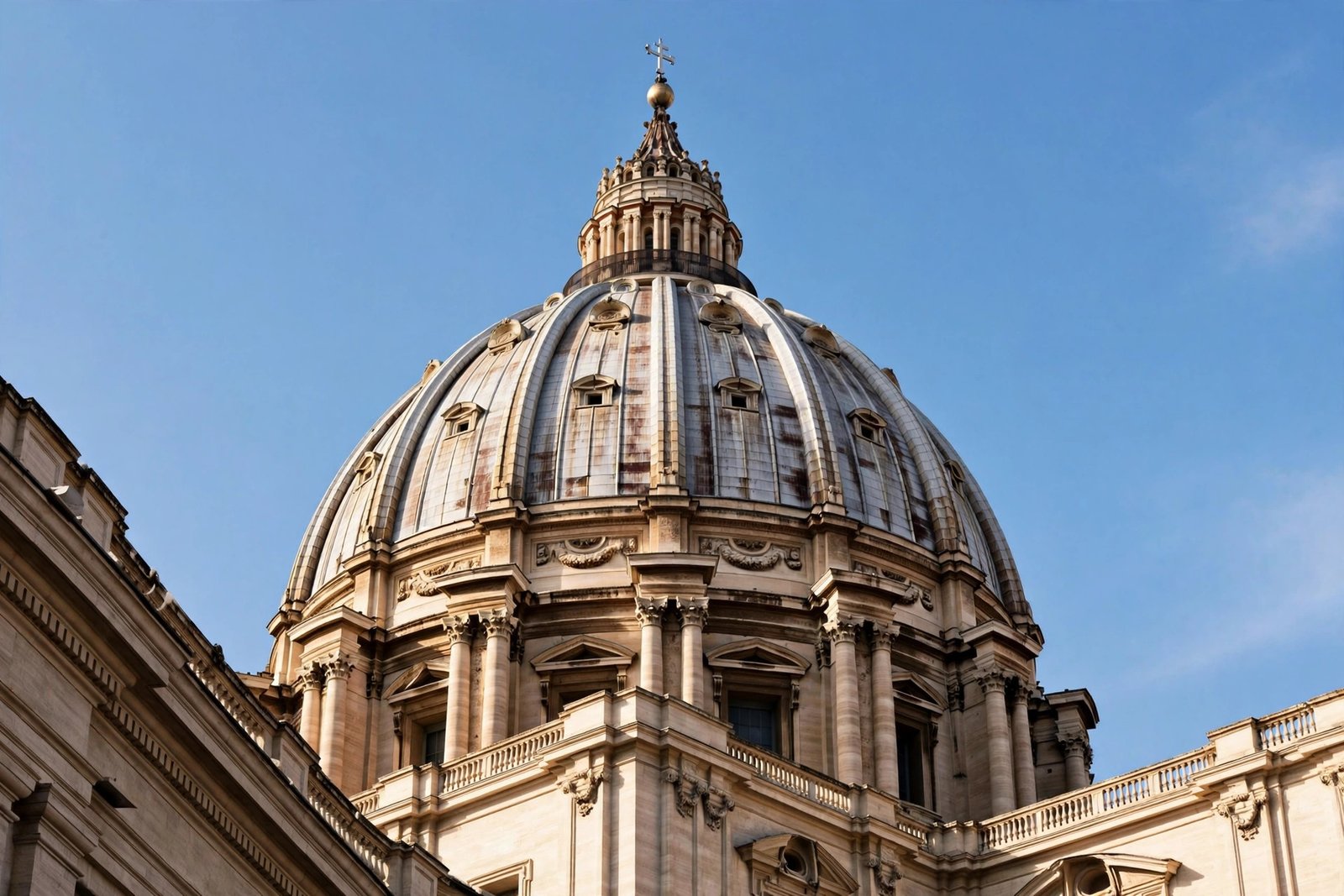 The dome of St. Peter's Basilica seen from below against a blue sky.