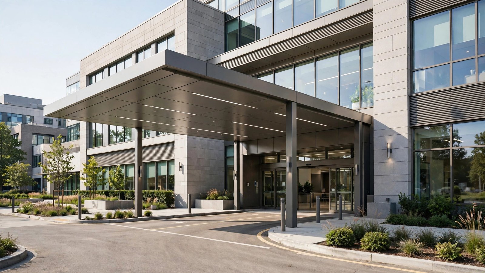 Exterior of a modern hospital building with a covered entrance driveway.