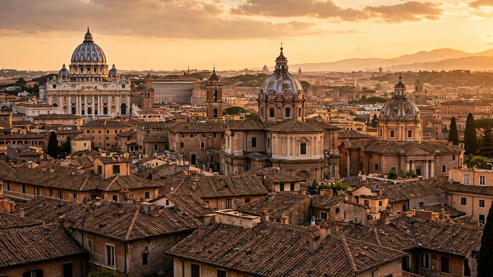 Rome skyline at golden hour with church domes and terracotta rooftops.