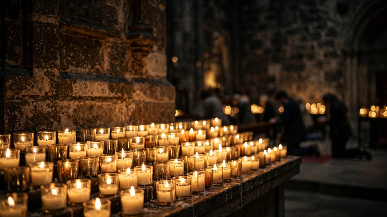 Rows of lit prayer candles in a dark church interior, with blurred worshippers in the background.