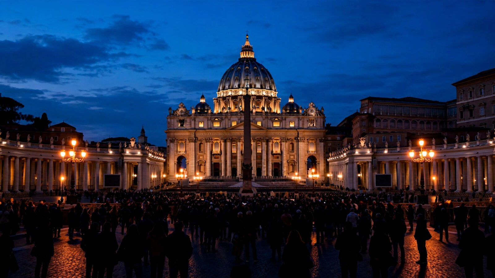 St. Peter's Square and the dome of St. Peter's Basilica lit at dusk, with a large crowd of silhouetted visitors gathered in the square.