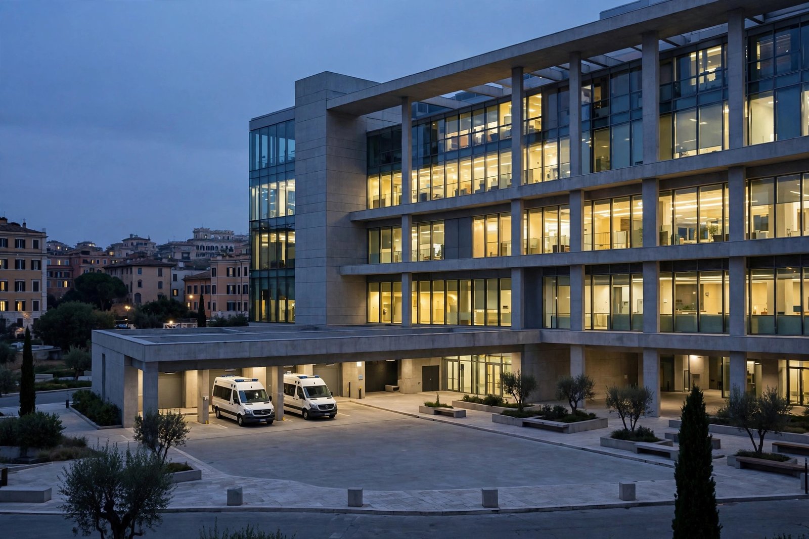 A modern university hospital building at dusk with lit windows and ambulances parked at the entrance bay.