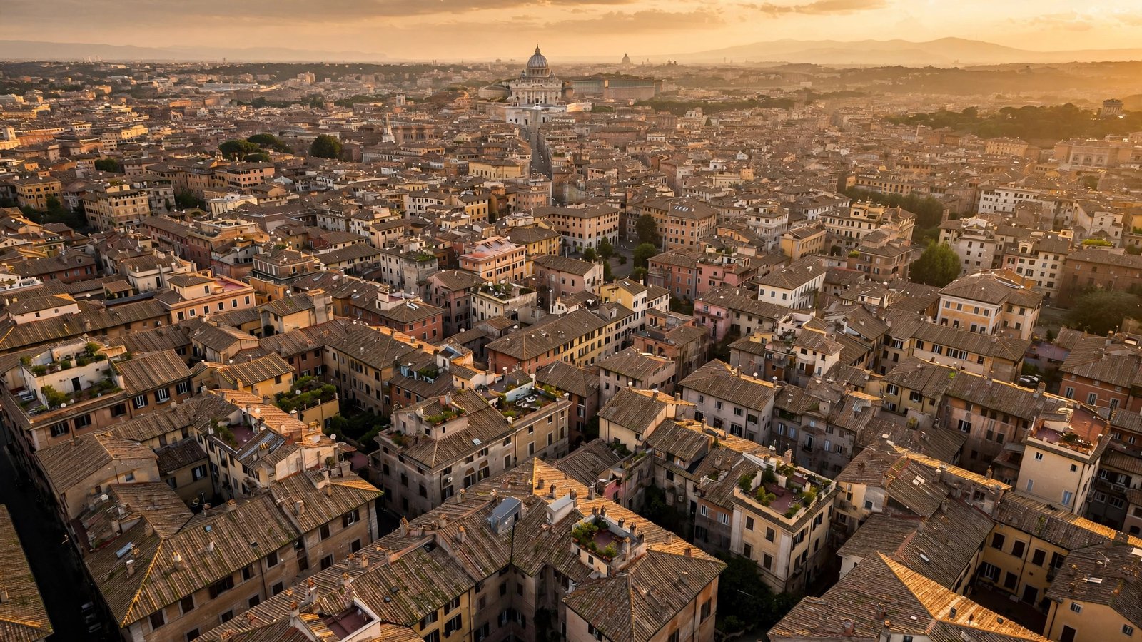 An aerial view of Rome's rooftops at sunset with a large church dome on the horizon.