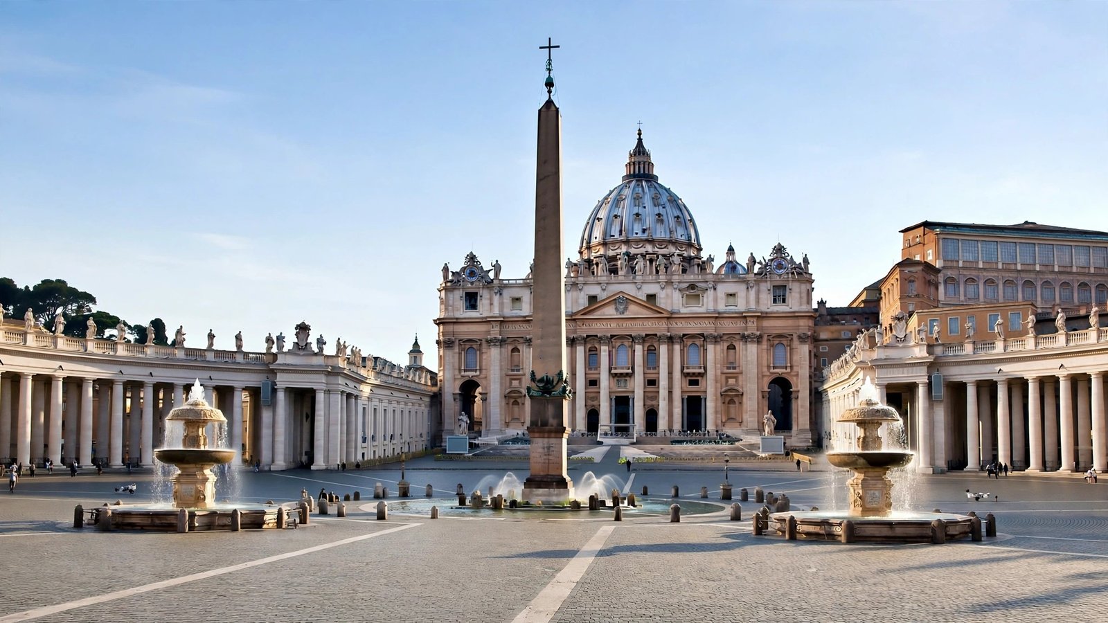 St. Peter's Basilica and its dome behind the obelisk and fountains of St. Peter's Square on a clear morning