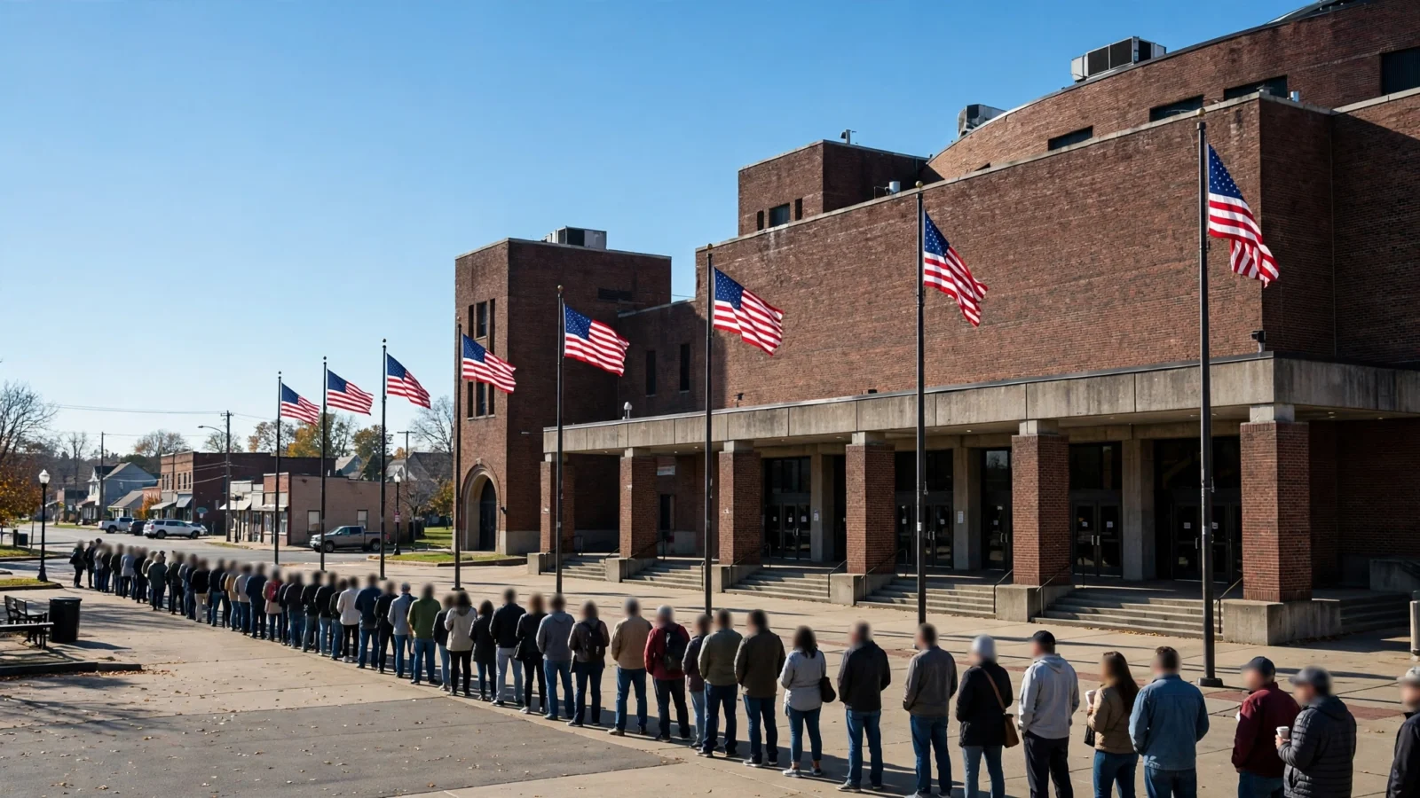A long line of people with blurred faces waits outside a large brick arena under American flags on a sunny morning.