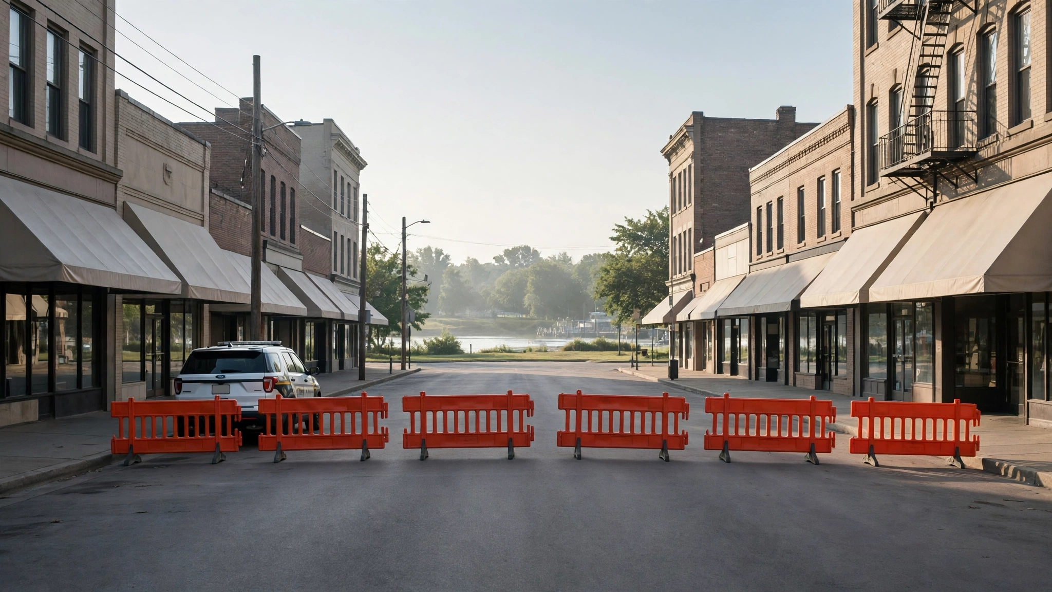 Orange barricades and a police vehicle block an empty downtown street lined with storefronts.
