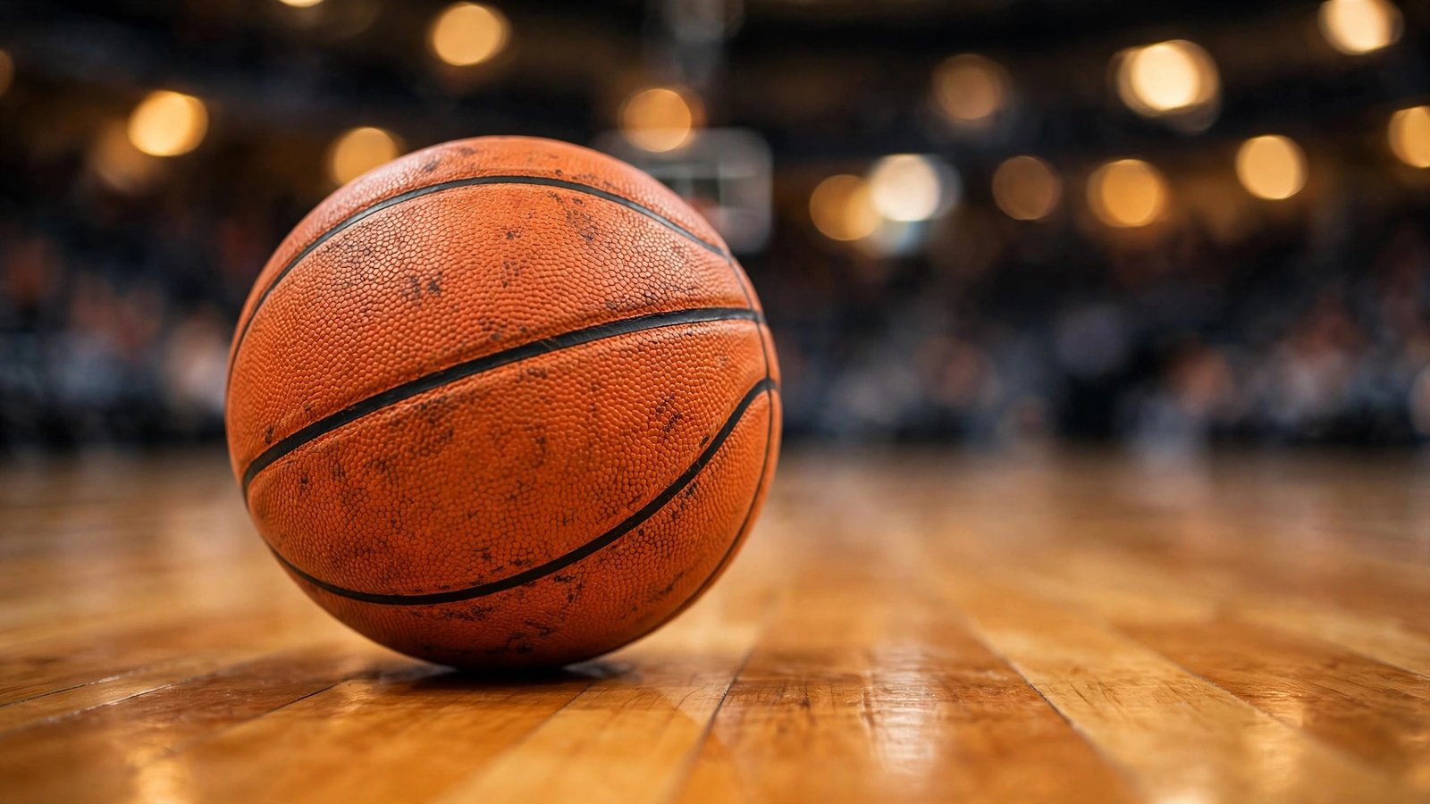 A basketball resting on a polished hardwood basketball court.