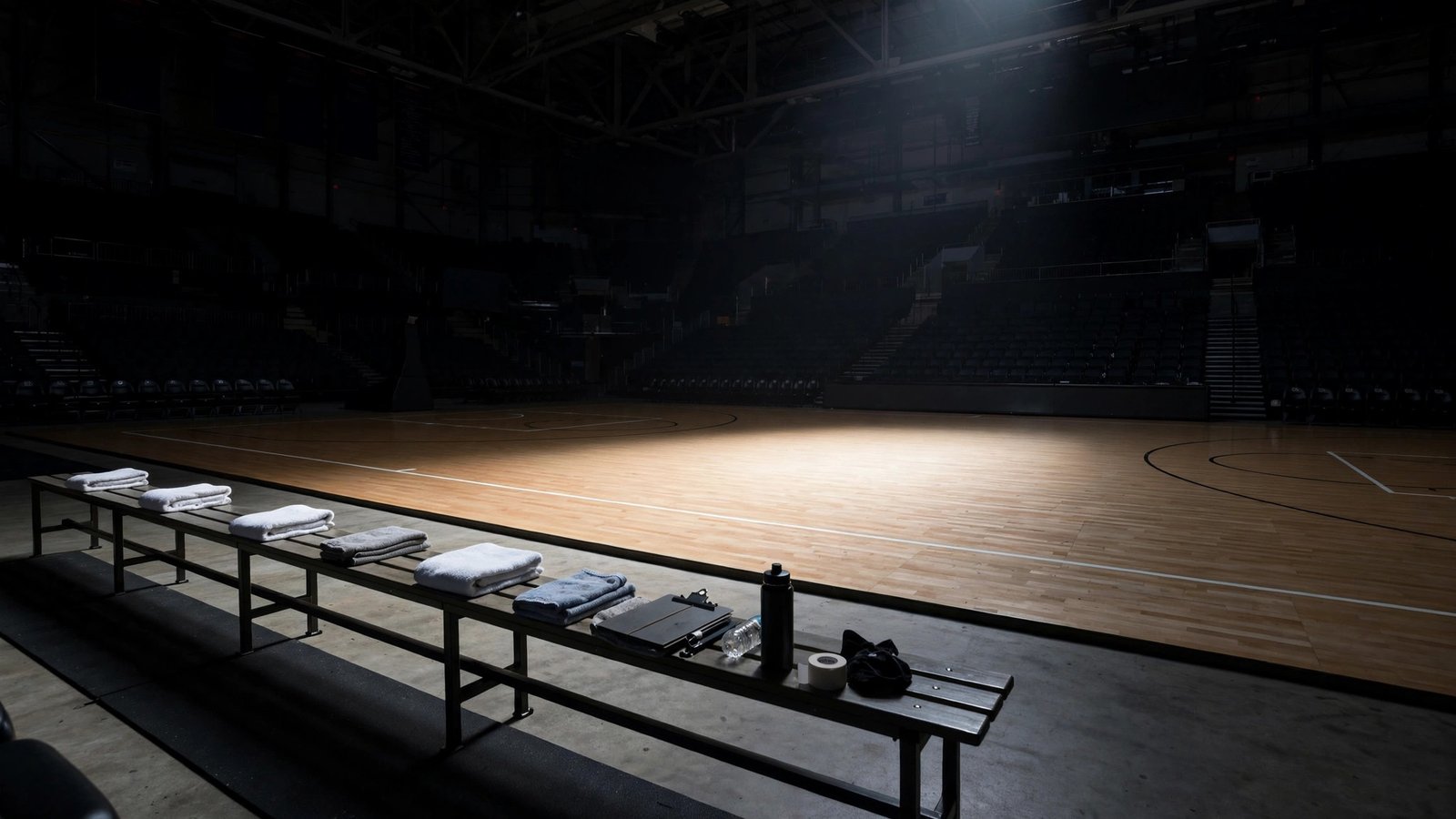An empty team bench with folded towels beside a basketball court in a dark arena.