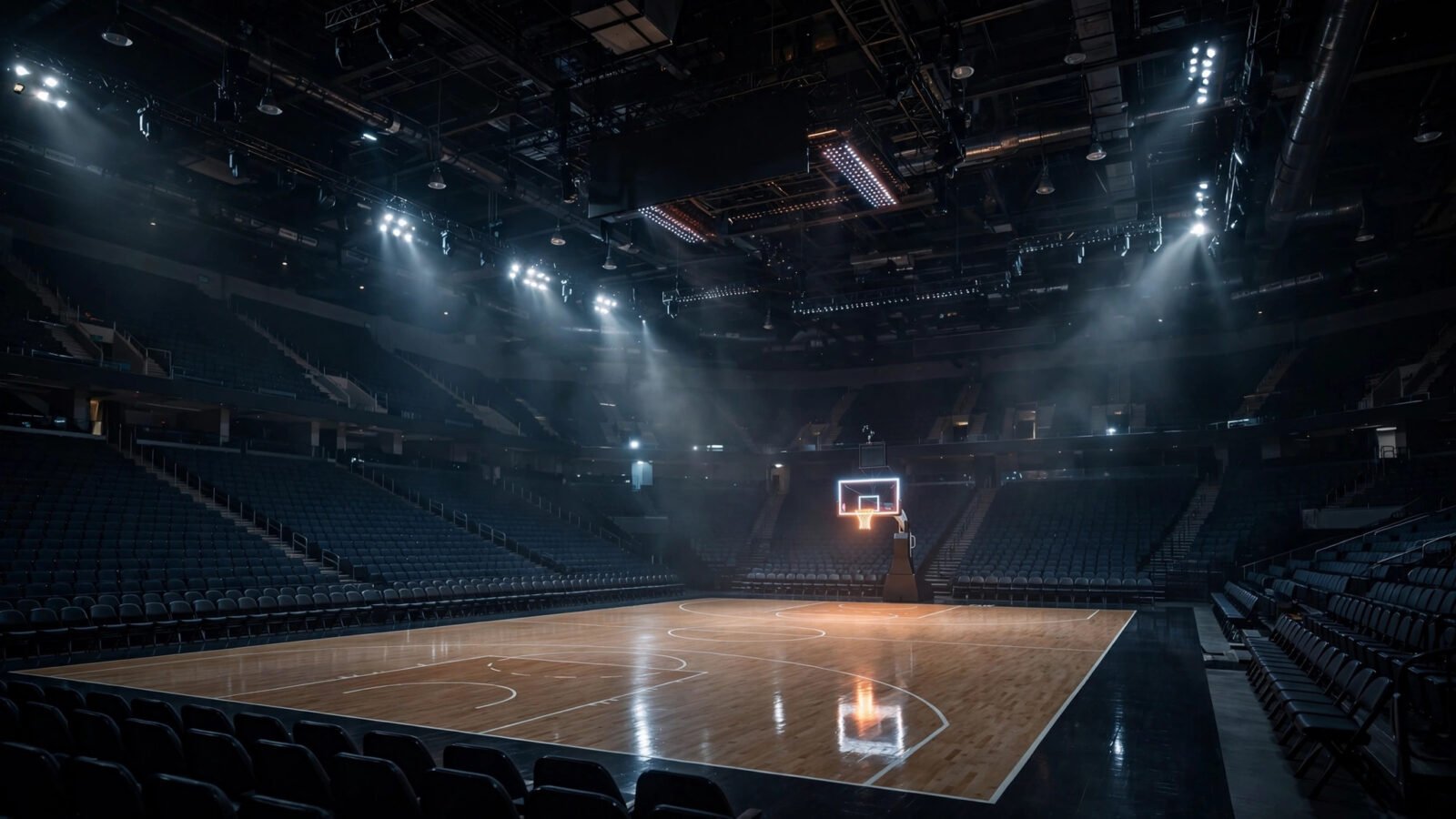 An empty professional basketball arena with the court lit under arena lights.