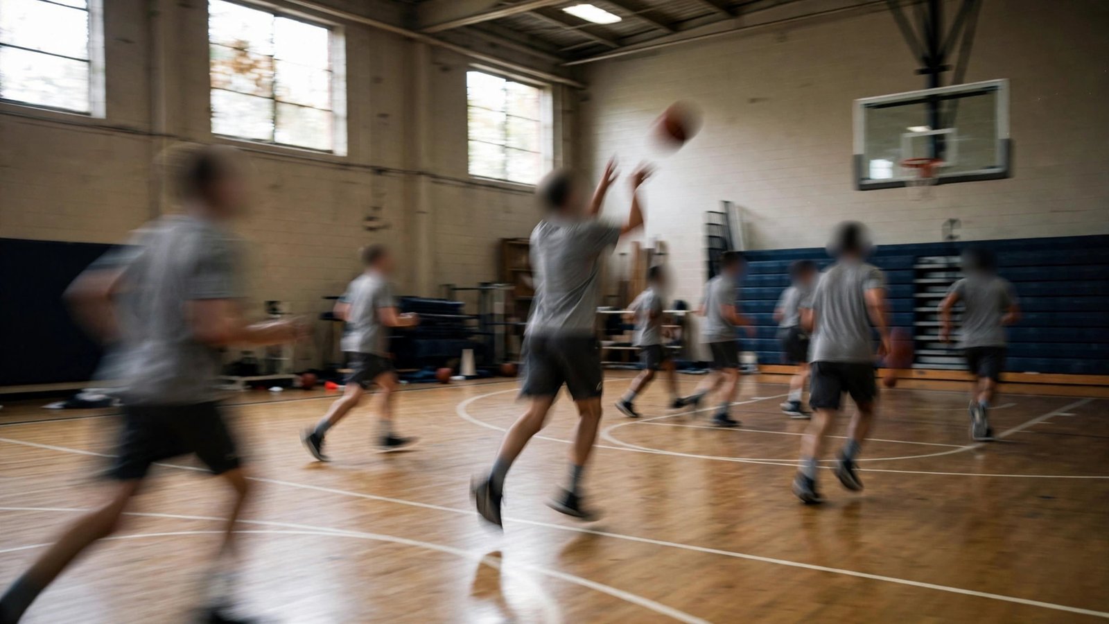 Players running a shooting drill in a gym during a basketball training camp practice.
