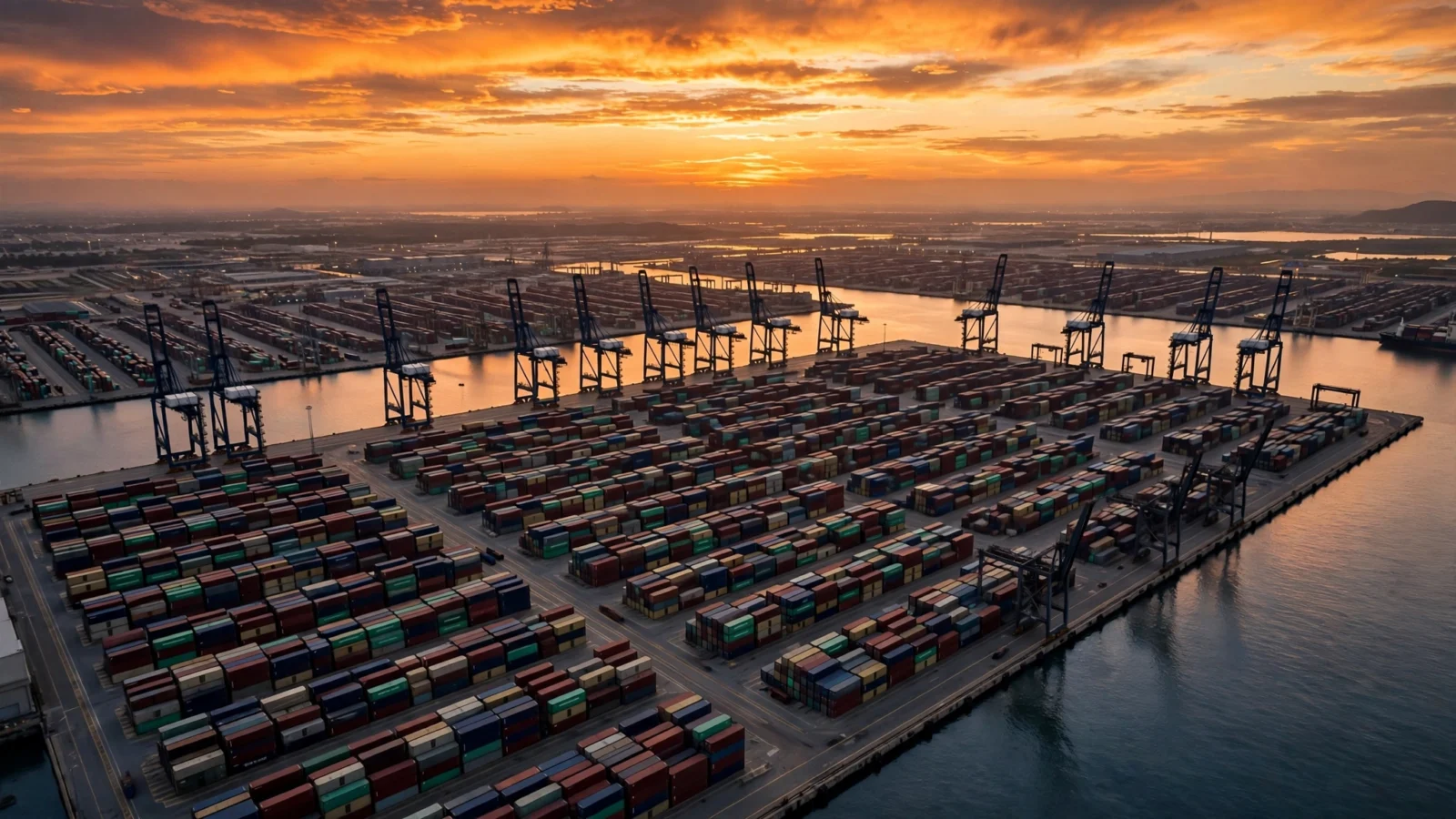 An aerial view of a large container shipping port at dusk, with rows of stacked shipping containers and tall cargo cranes silhouetted against an orange sky.
