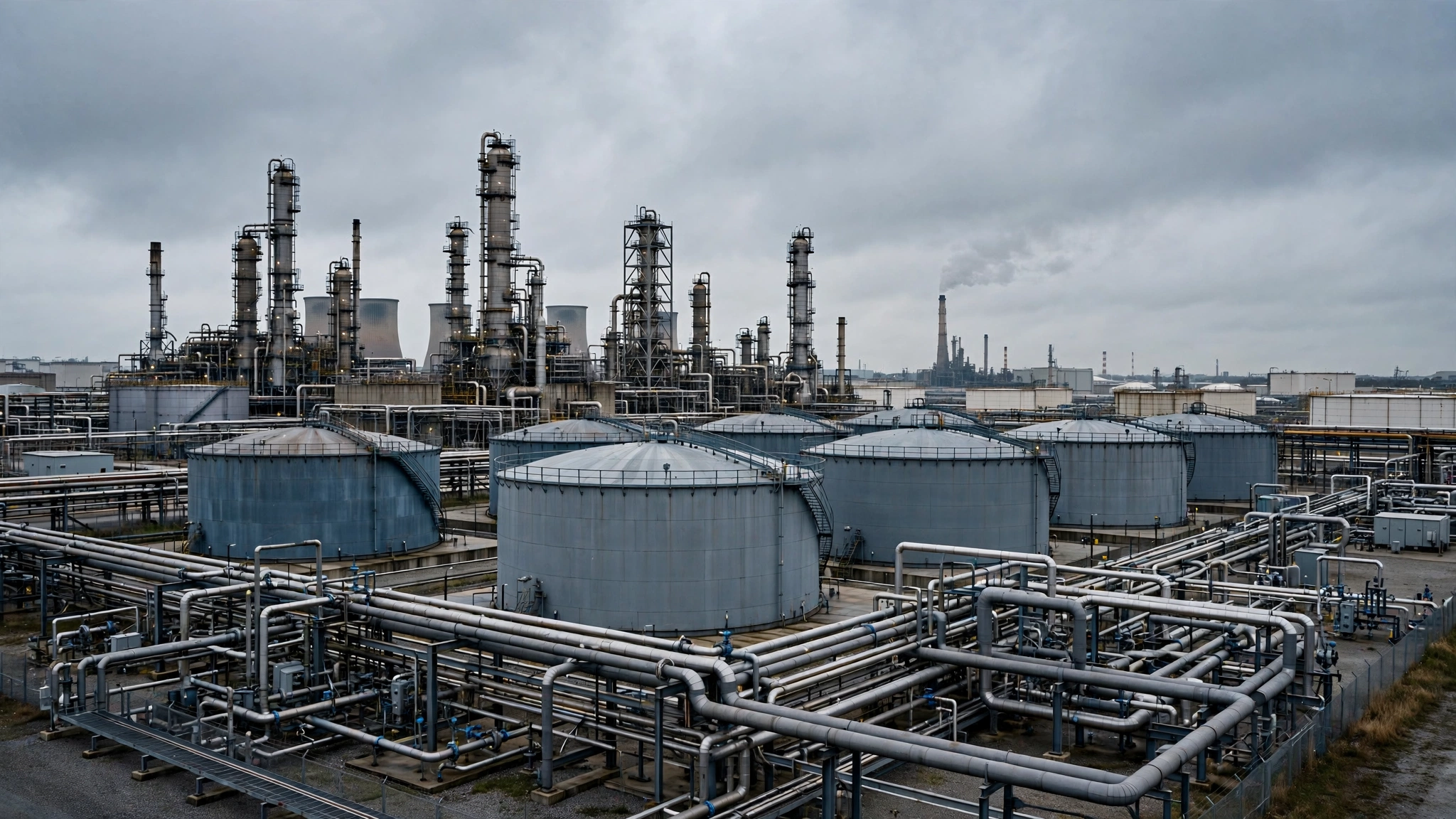 Fuel storage tanks and metal pipelines at an oil refinery under an overcast sky.