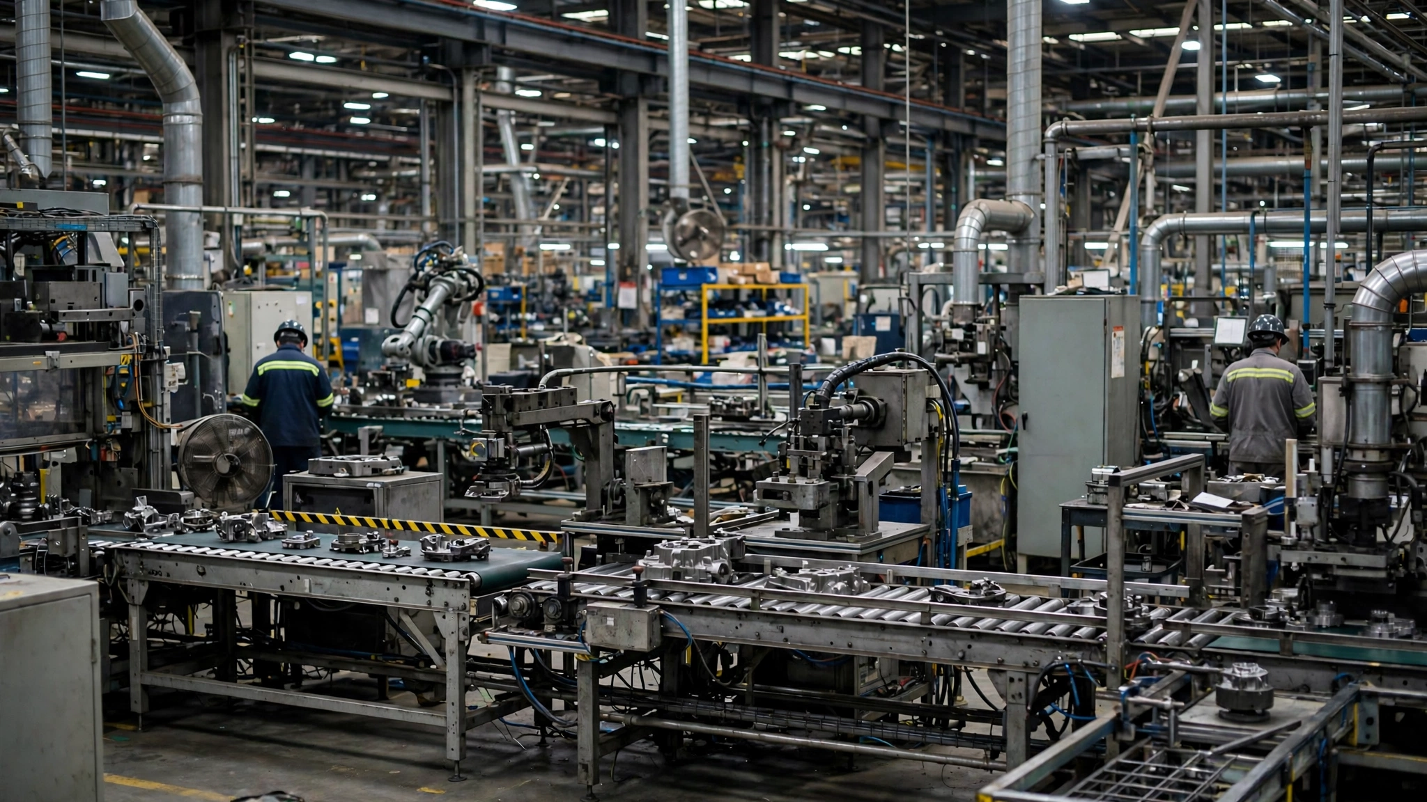 Industrial machinery and conveyor equipment on a factory assembly line, with workers in hard hats at the edges.
