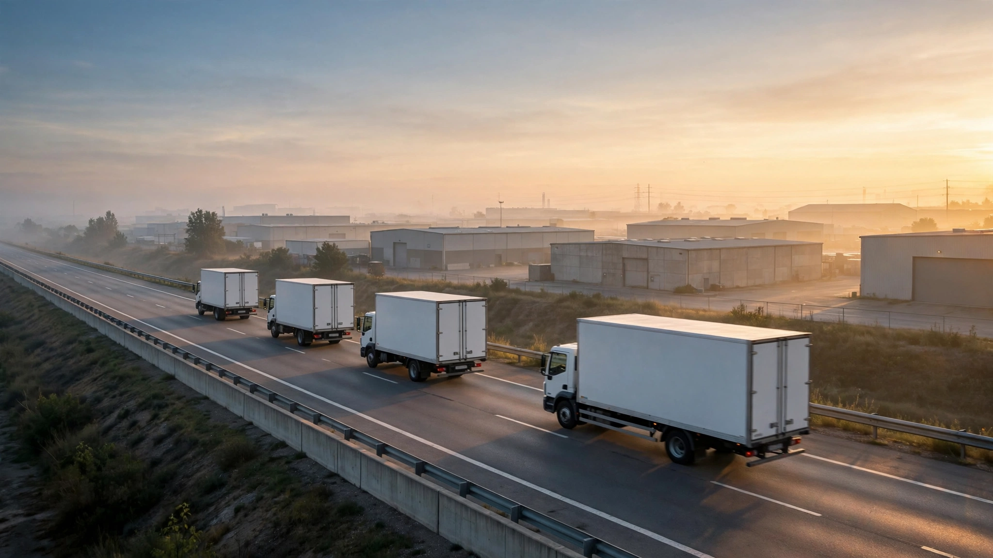 A convoy of white delivery trucks driving on a highway at dawn past low warehouse buildings.