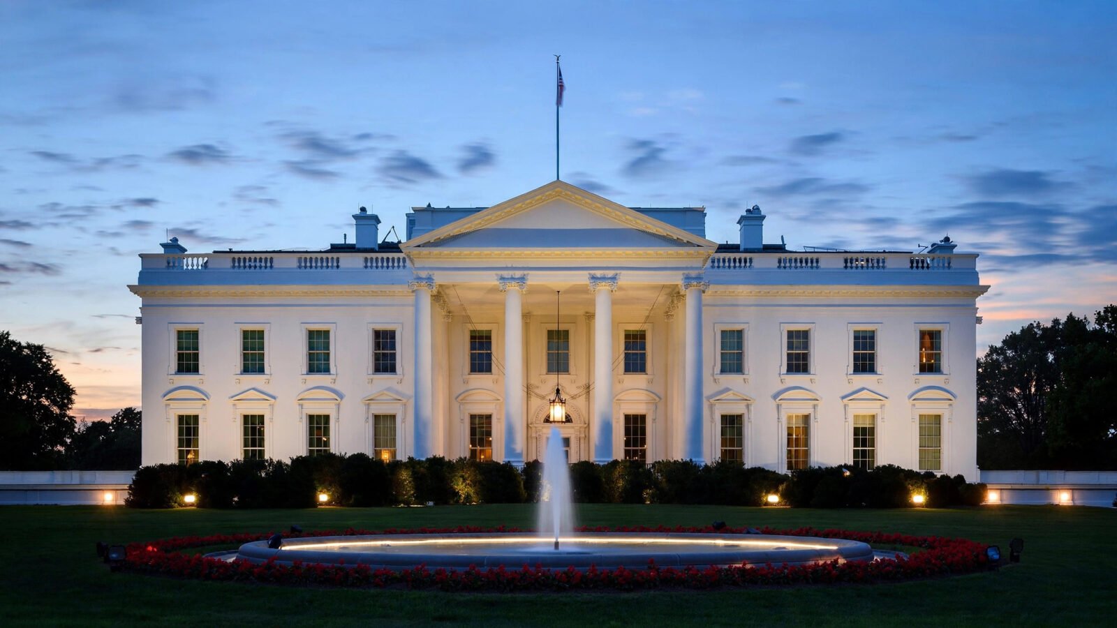 The North Portico of the White House at dusk in Washington, D.C.