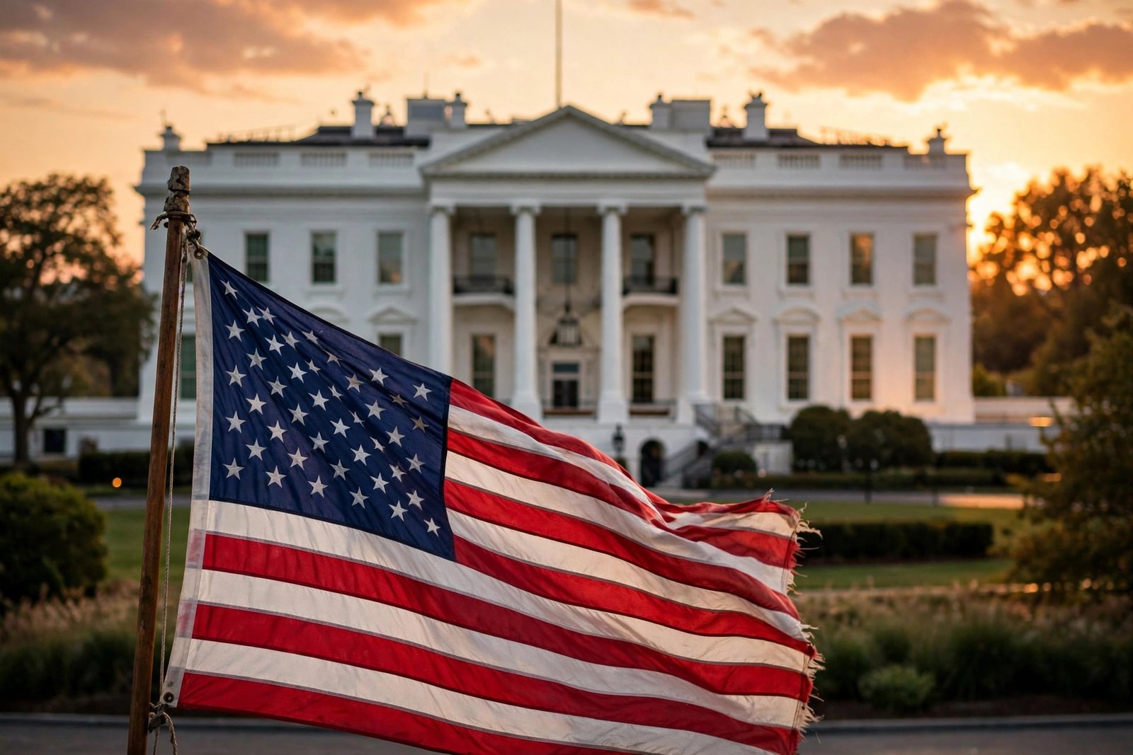 The American flag waving in front of the White House at sunset.