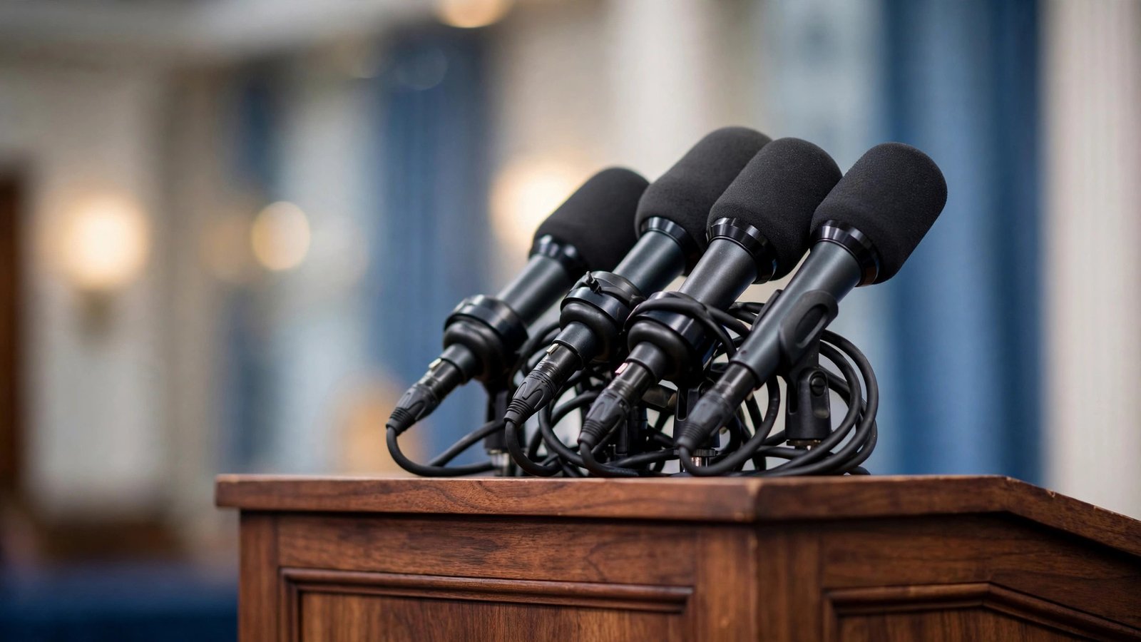 Broadcast microphones clustered on a wooden lectern at a White House press briefing.