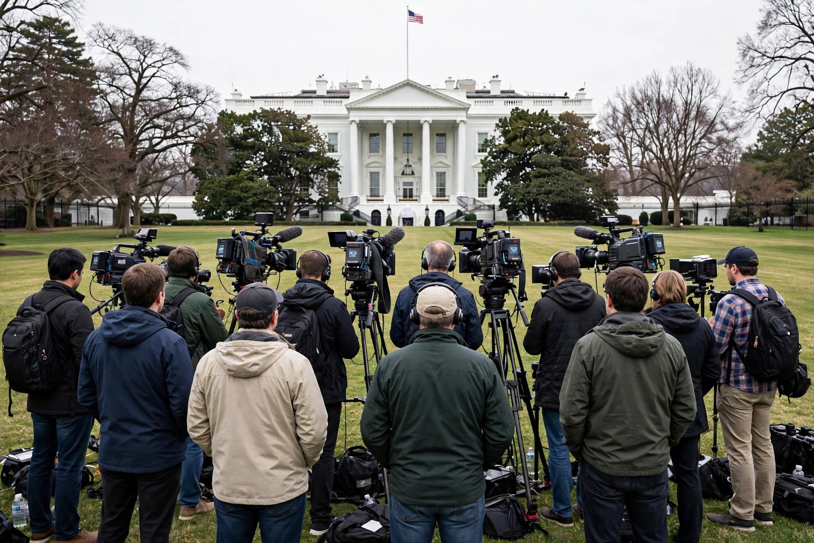 Television cameras and journalists gathered on the White House North Lawn.