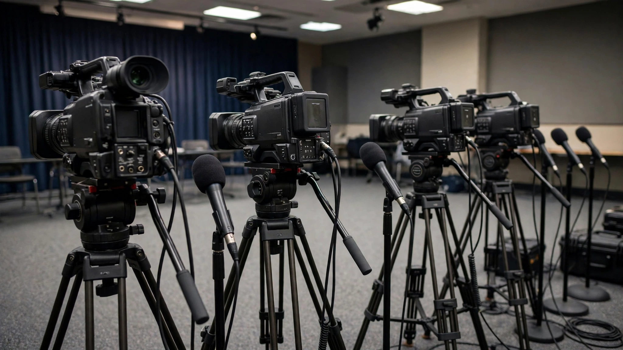 Television cameras on tripods and microphones on stands in an empty press room.