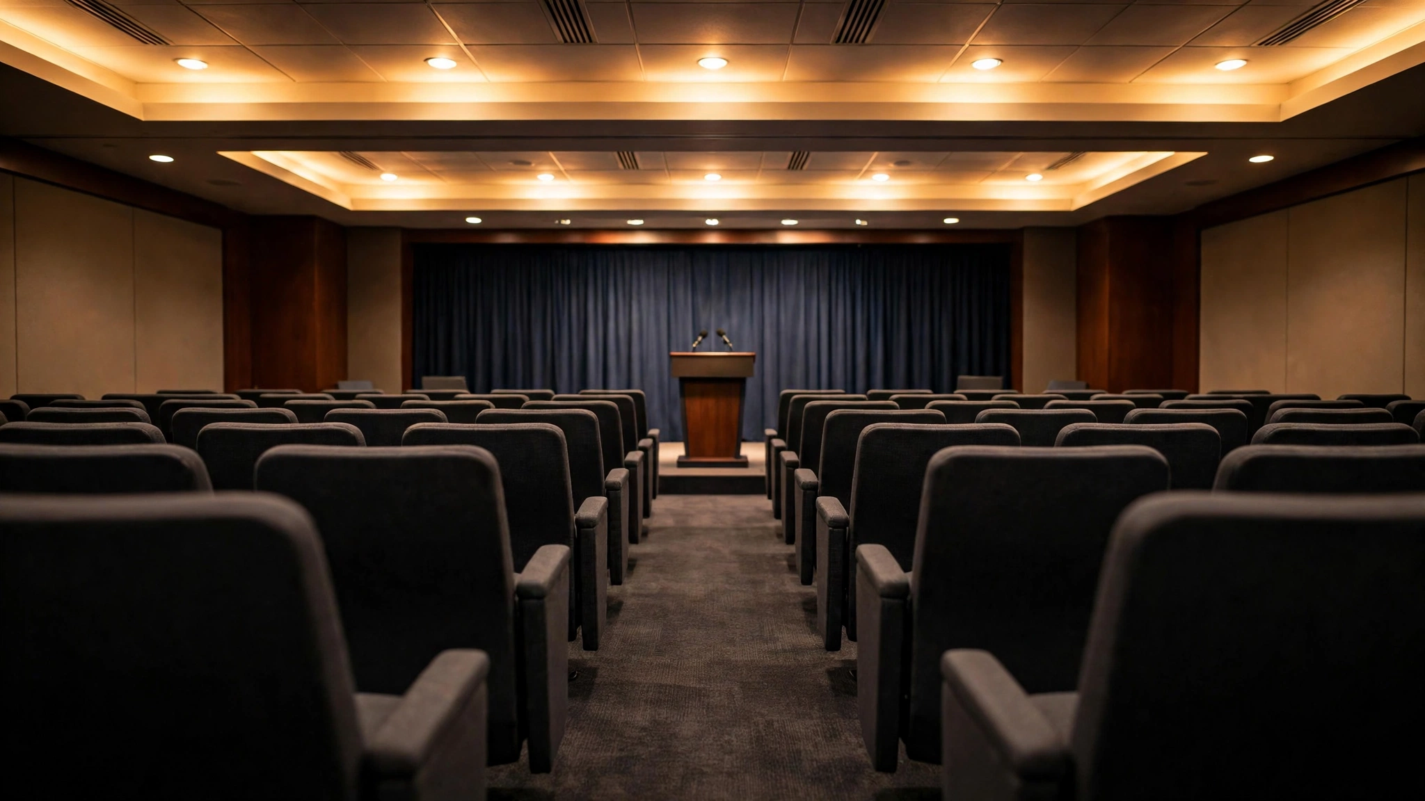 Rows of empty chairs facing a wooden podium in front of a blue curtain in a press briefing room.