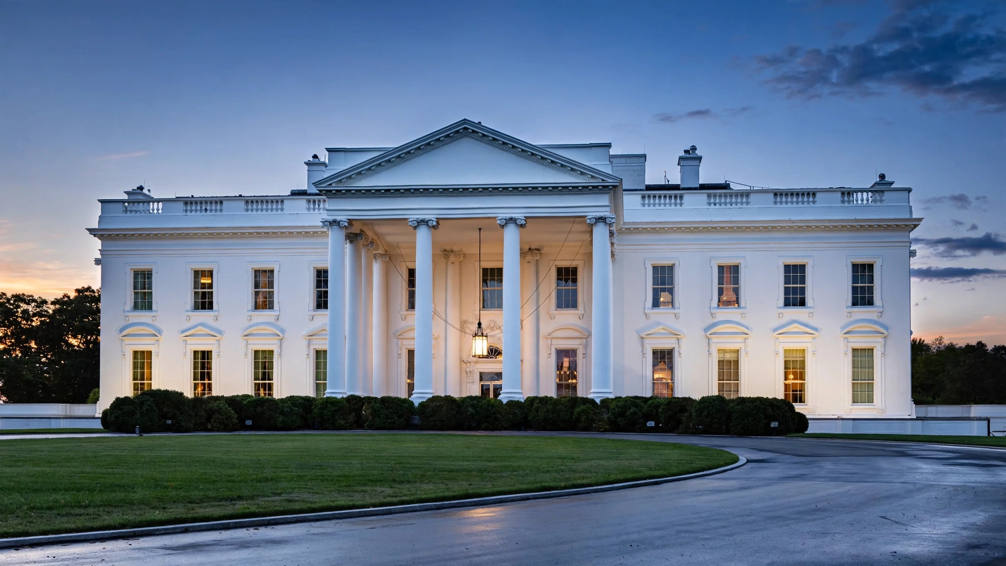 The White House North Portico at dusk, with white columns, lit windows, a lawn and a curved driveway in the foreground.
