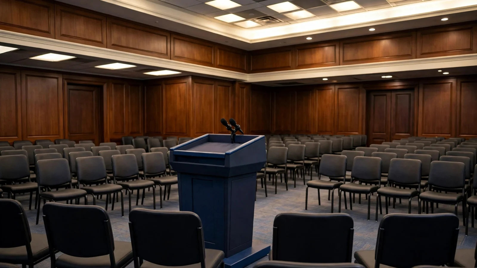 An empty press briefing room with a blue podium and two microphones in front of rows of empty chairs.