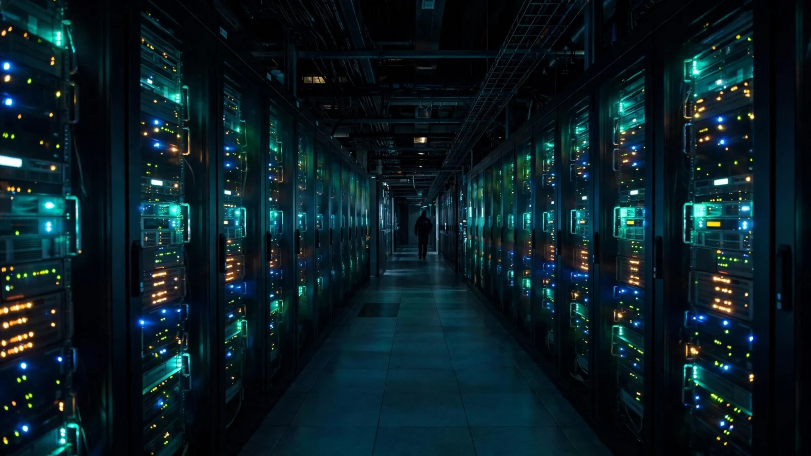 A dark data center corridor lined with glowing server racks, with a silhouetted figure walking in the distance.