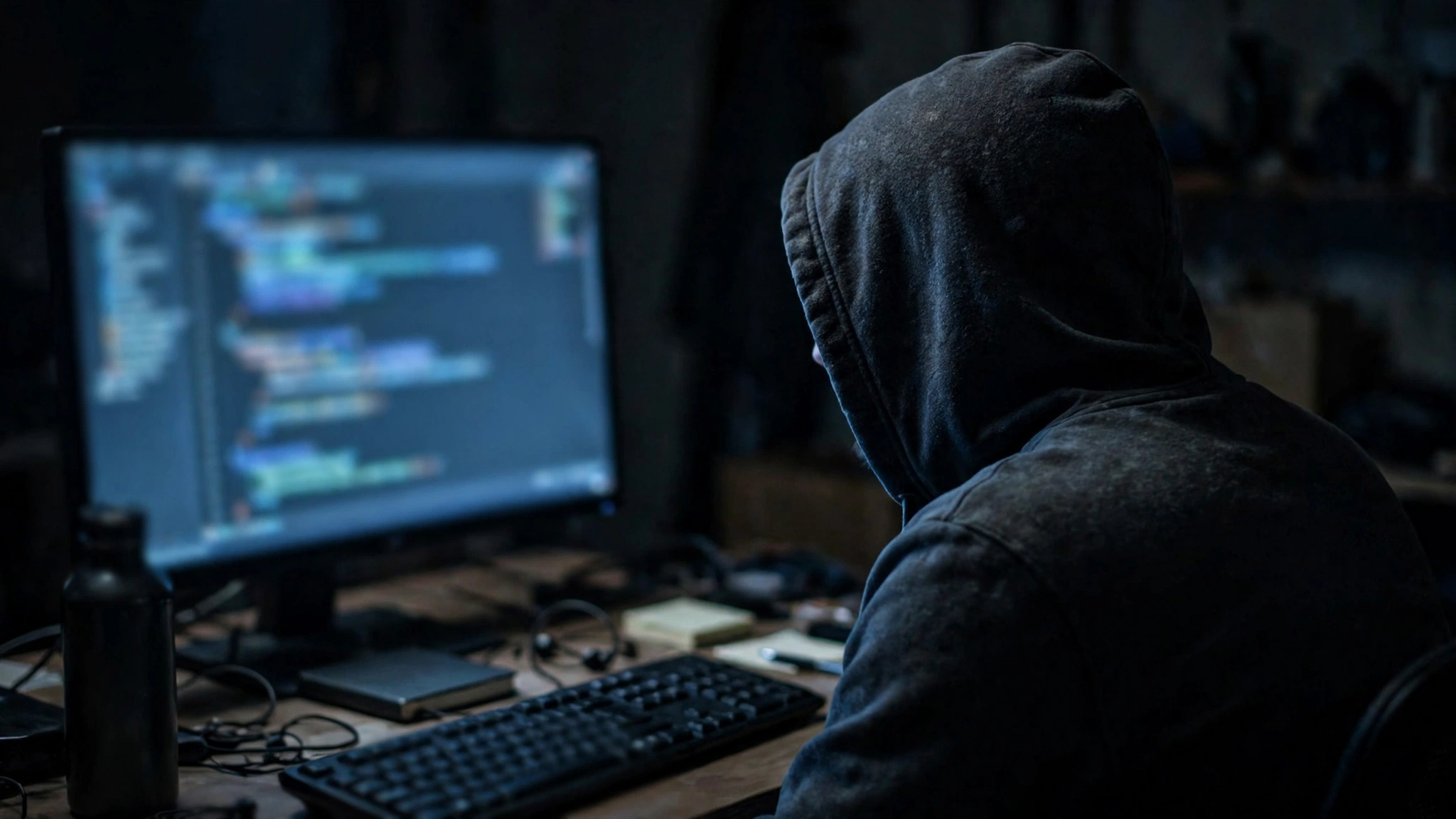 An anonymous hooded figure seated at a computer with a glowing monitor in a dark room.