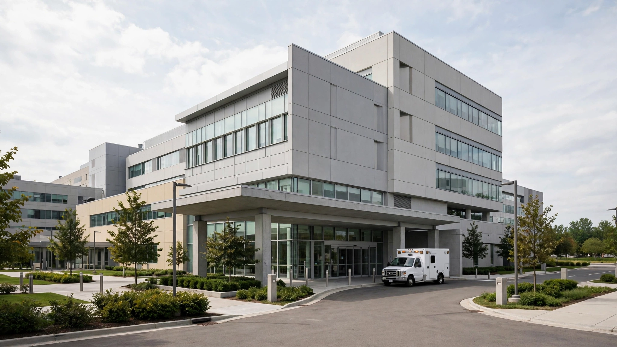 The exterior of a modern hospital building with an ambulance parked at the entrance.