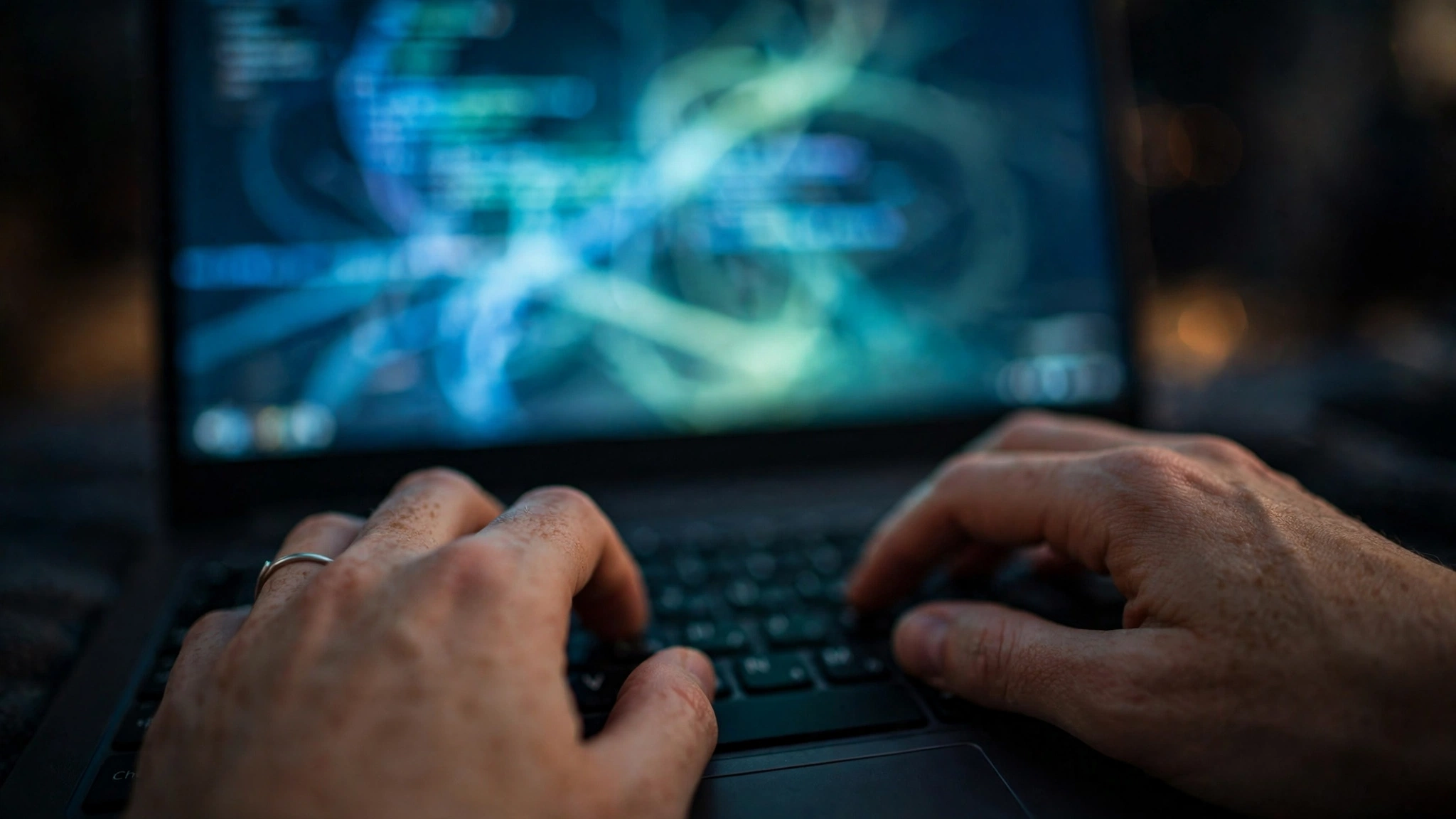Hands typing on a laptop keyboard in front of a blurred glowing screen.
