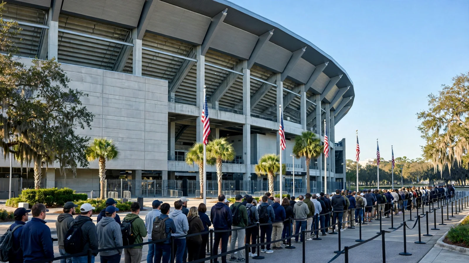 A long line of supporters seen from behind waiting outside a university sports arena, with American flags