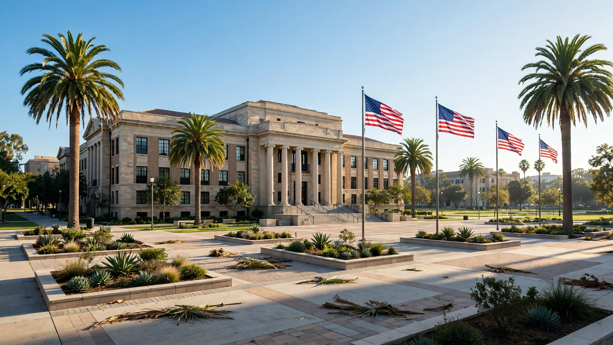 A university campus building with columns and palm trees around a plaza