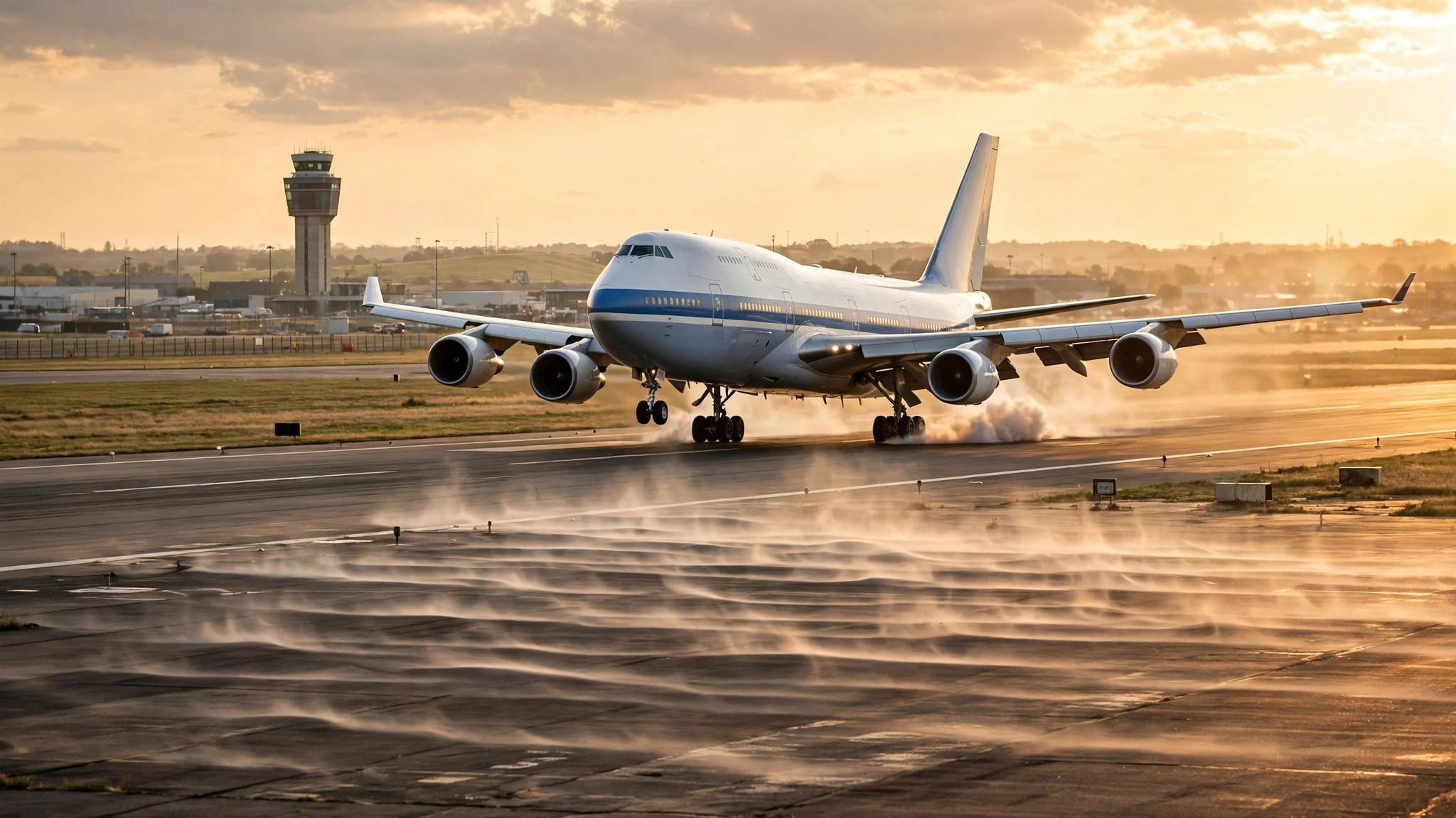 A white-and-blue jumbo jet landing at an airport runway at golden hour