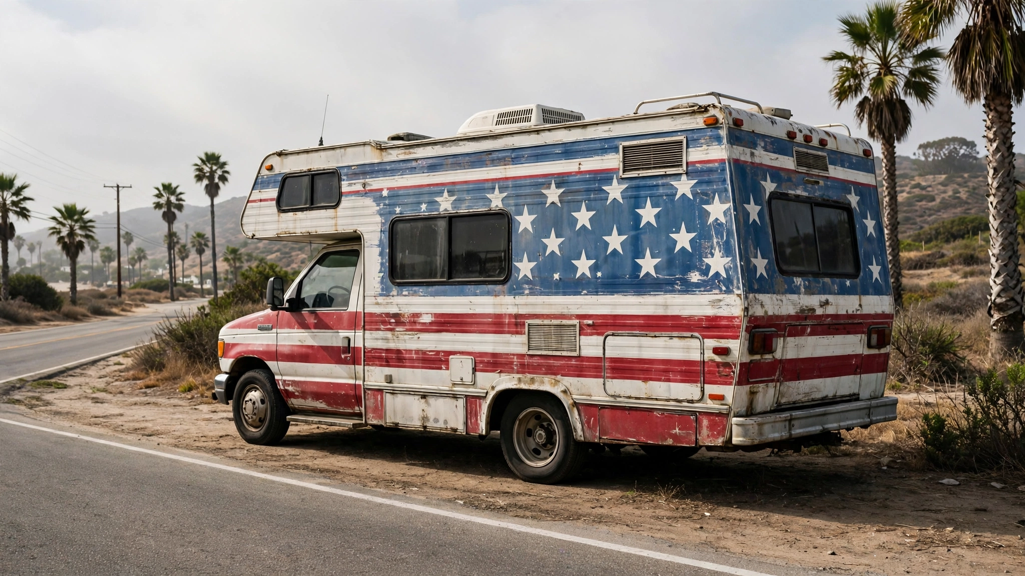 A red-white-and-blue painted recreational vehicle parked by a roadside near palm trees