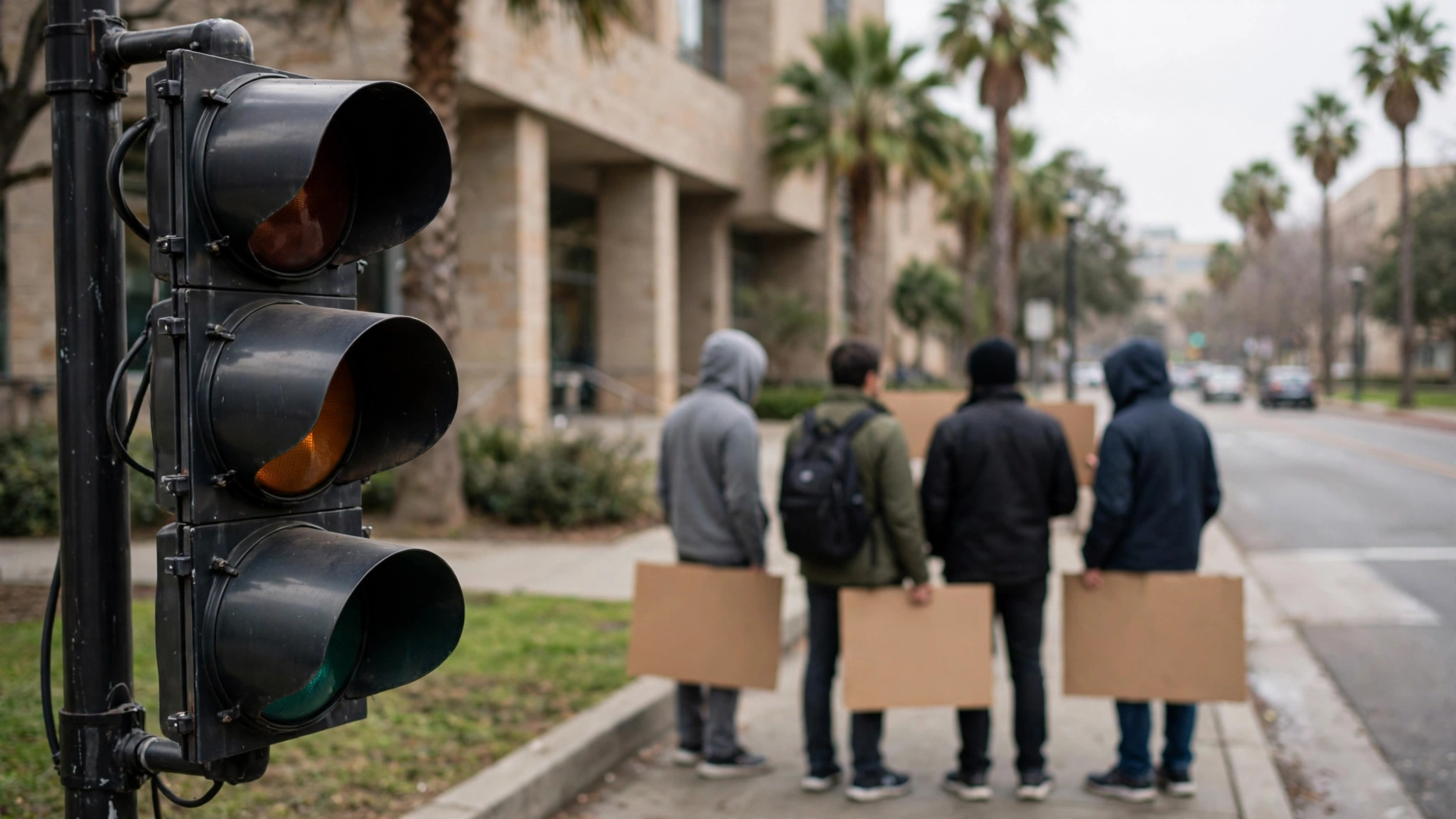 Demonstrators seen from behind holding blank cardboard signs on a sidewalk near a campus building