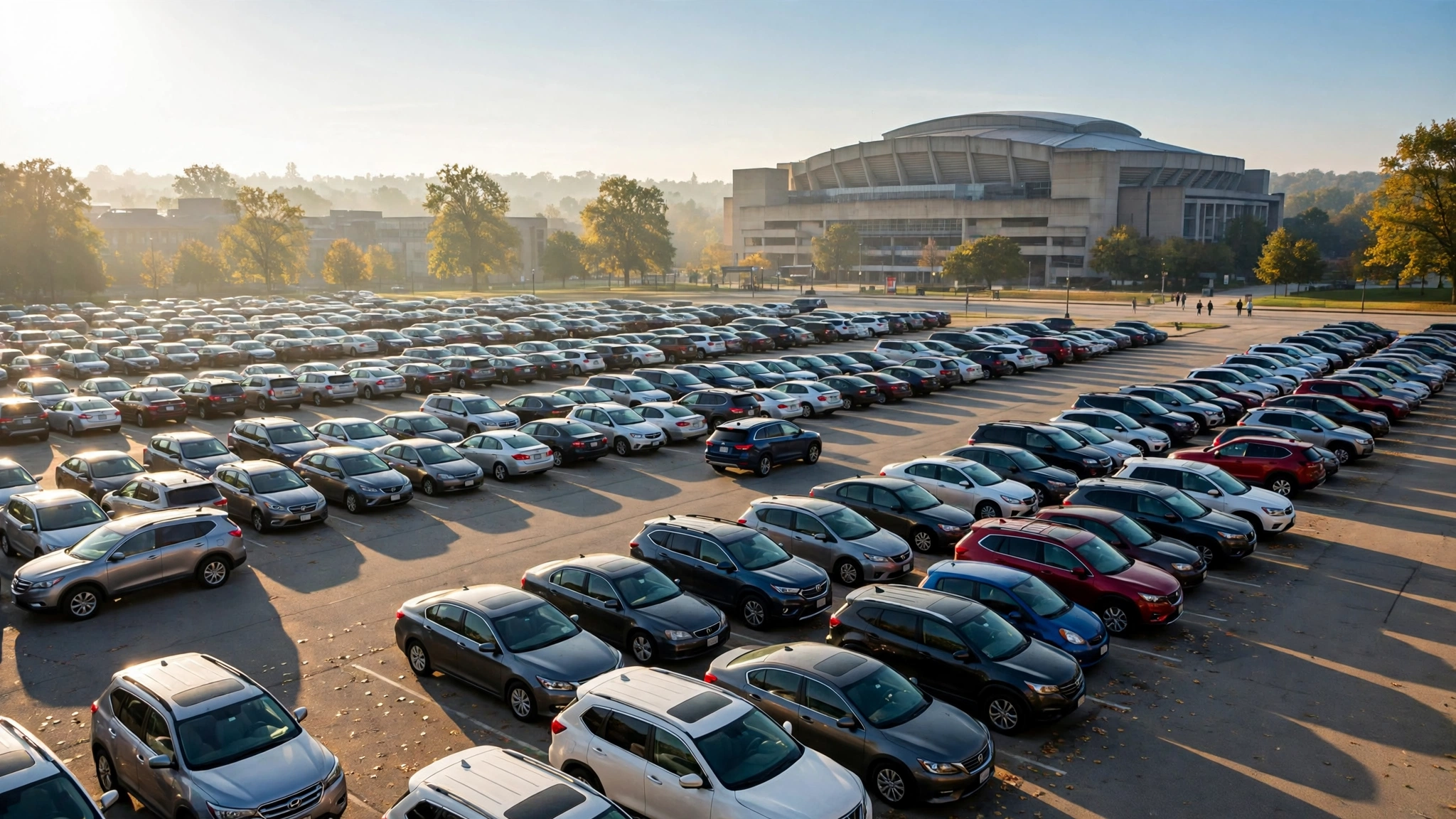 A packed university parking lot in morning sun with an arena in the background