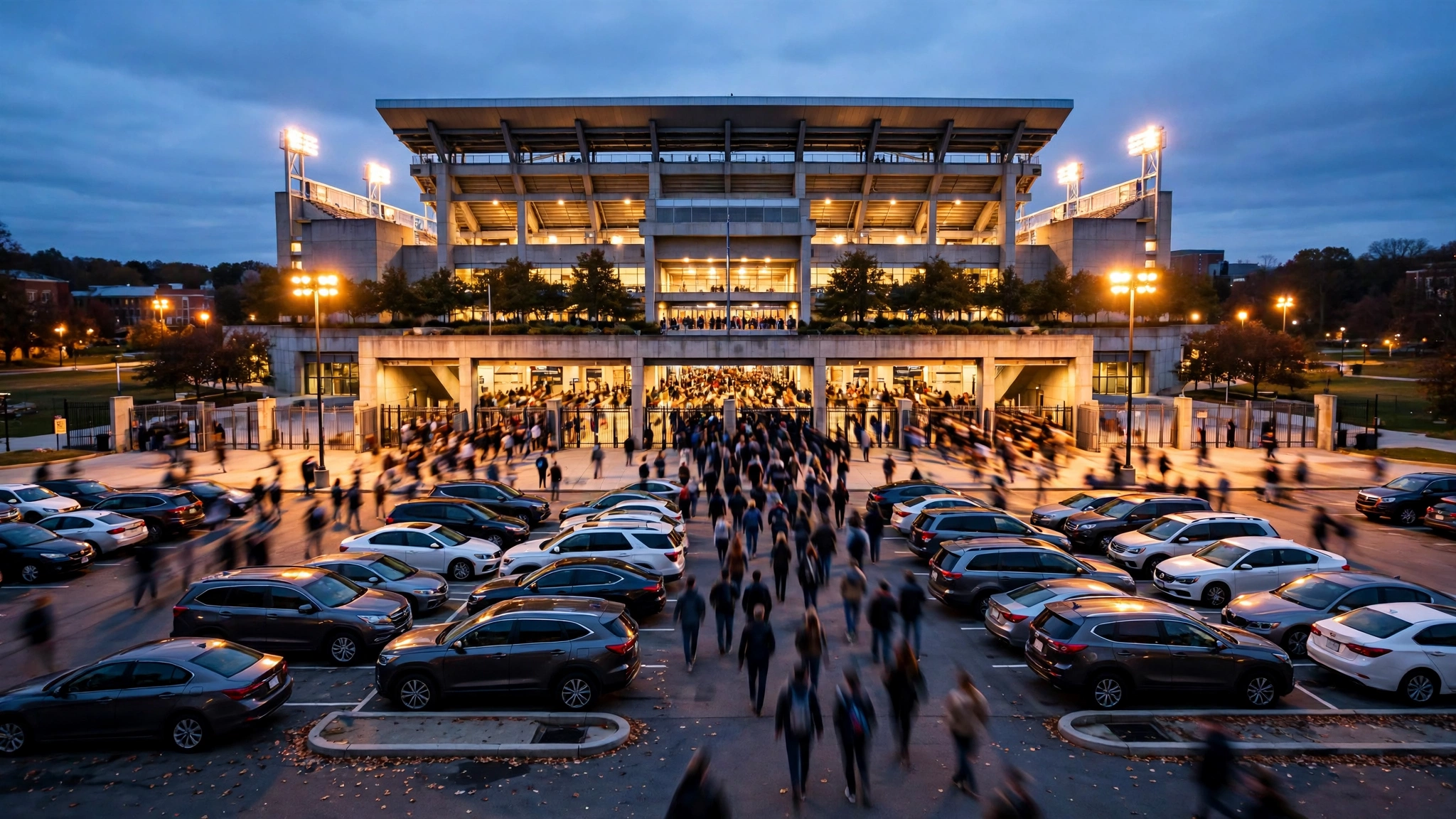 Crowds of people entering a large sports arena at dusk