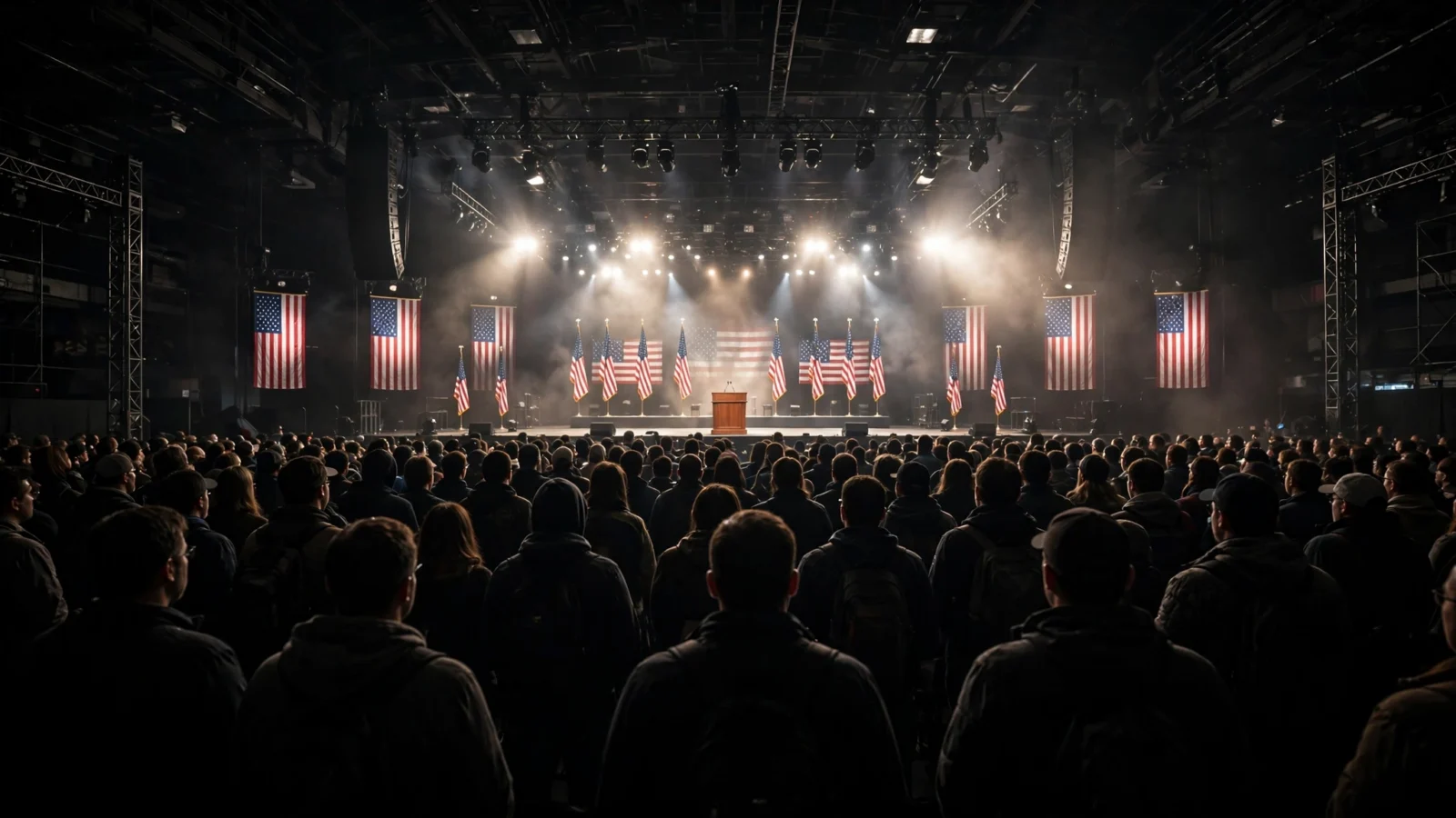 Crowd of spectators silhouetted facing a brightly lit arena stage with American flags