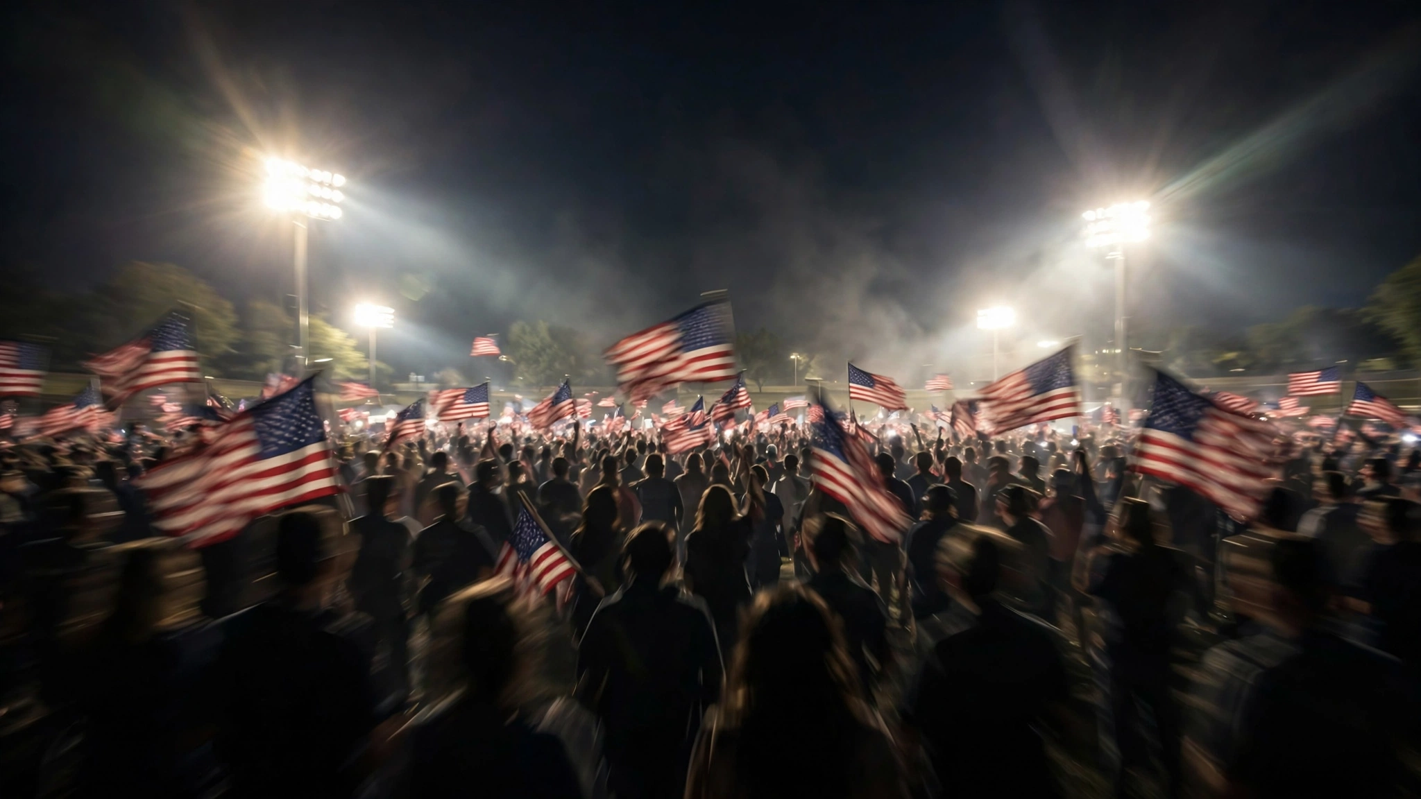 Crowd of people waving American flags at a nighttime outdoor rally