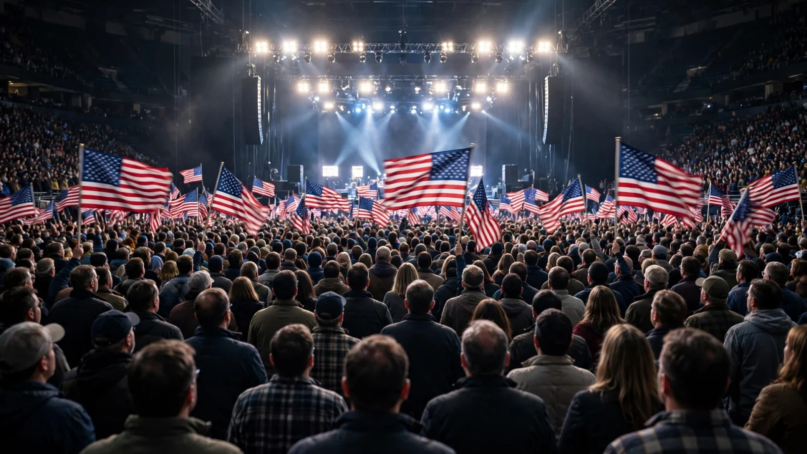 Large indoor arena rally at night with a crowd of people waving American flags, seen from behind the crowd