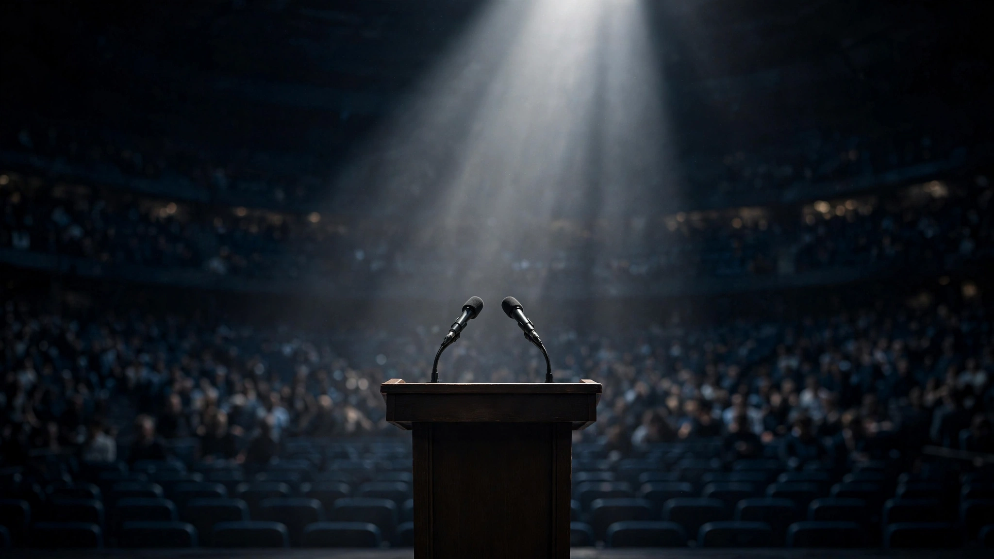 Empty wooden podium with two microphones under a spotlight in a dark arena
