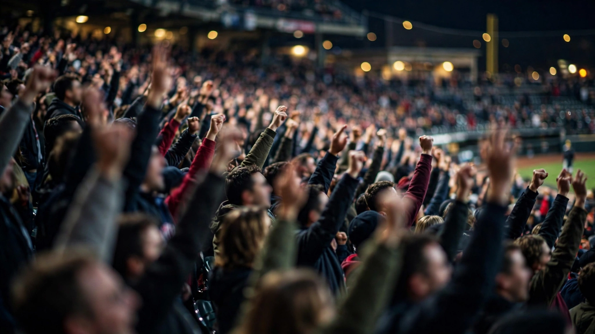 A blurred crowd of baseball fans cheering with raised arms at night