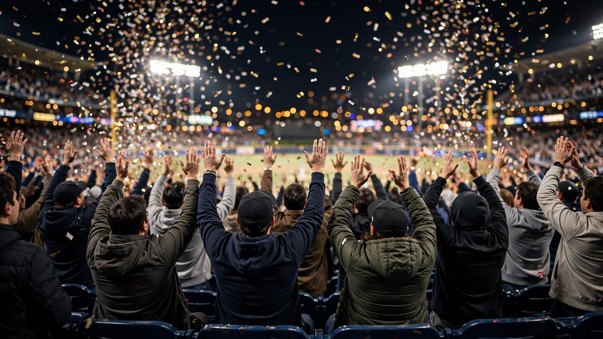 Baseball fans seen from behind raising their arms in celebration as confetti falls in a stadium at night