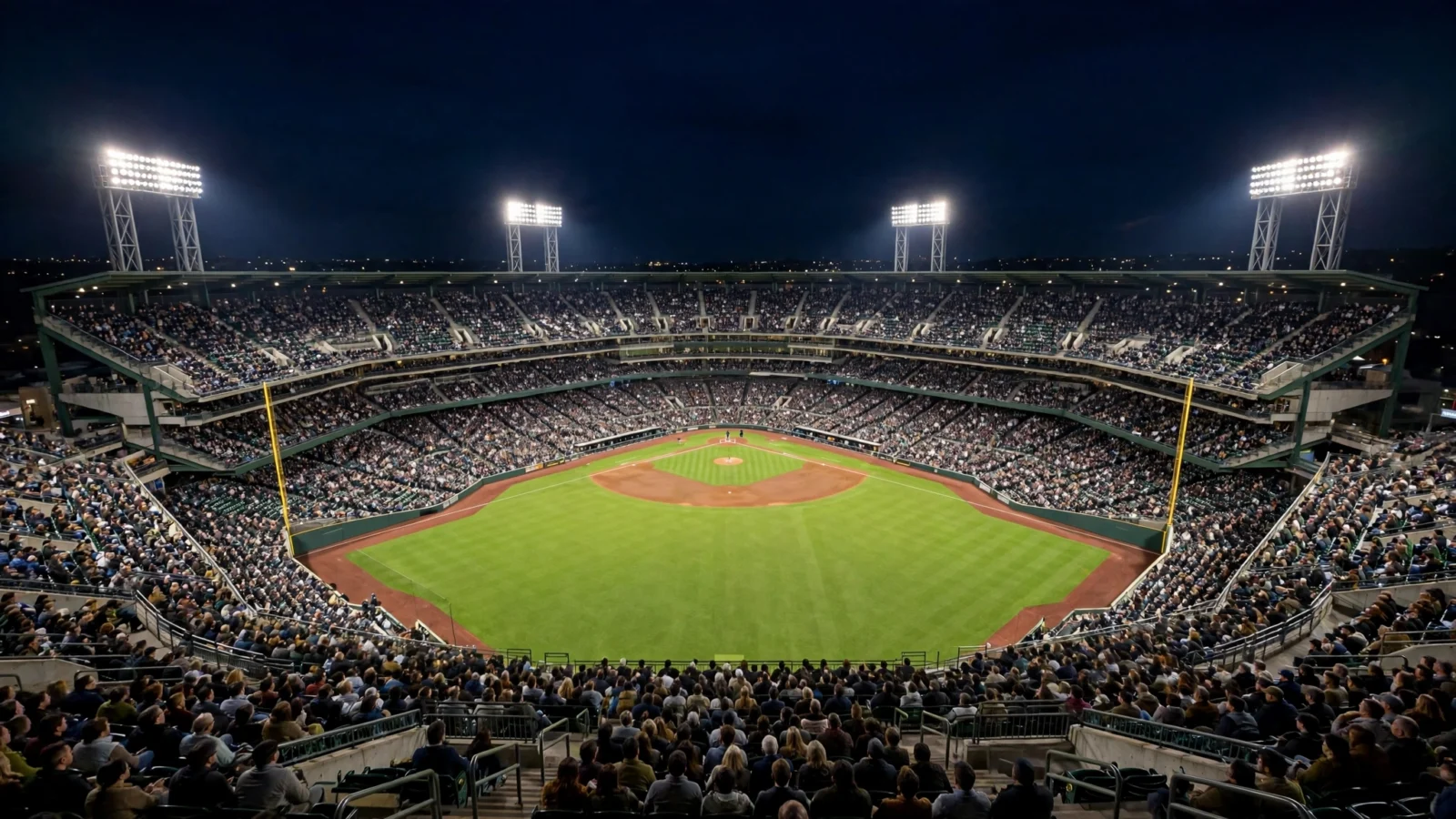A packed baseball stadium lit by bright floodlights at night