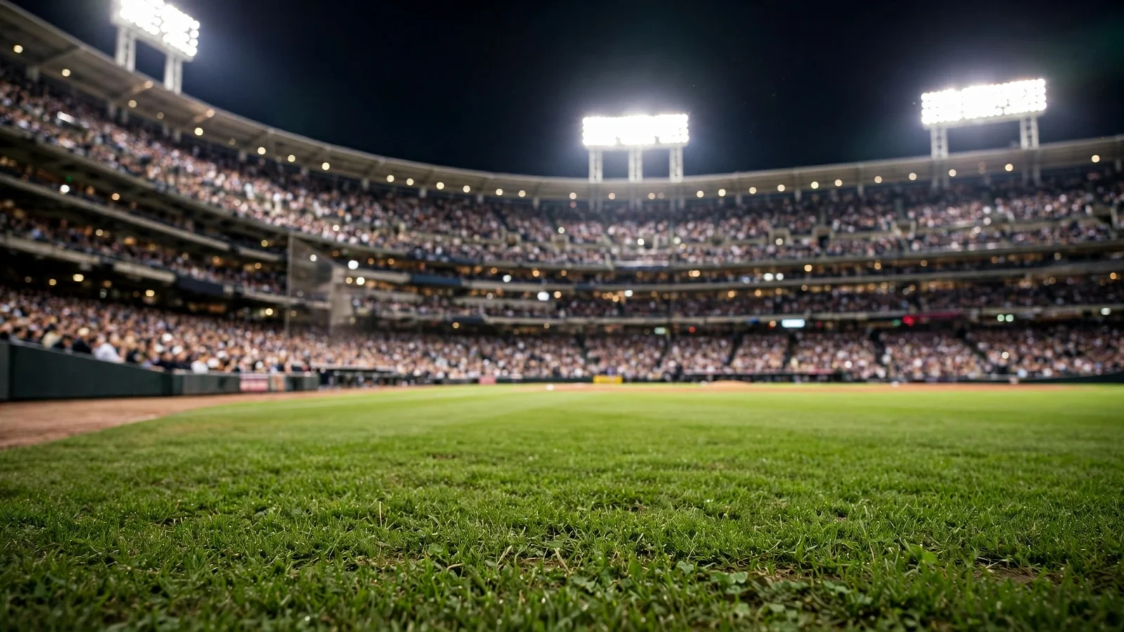 A packed baseball stadium under bright lights at night, seen from the field