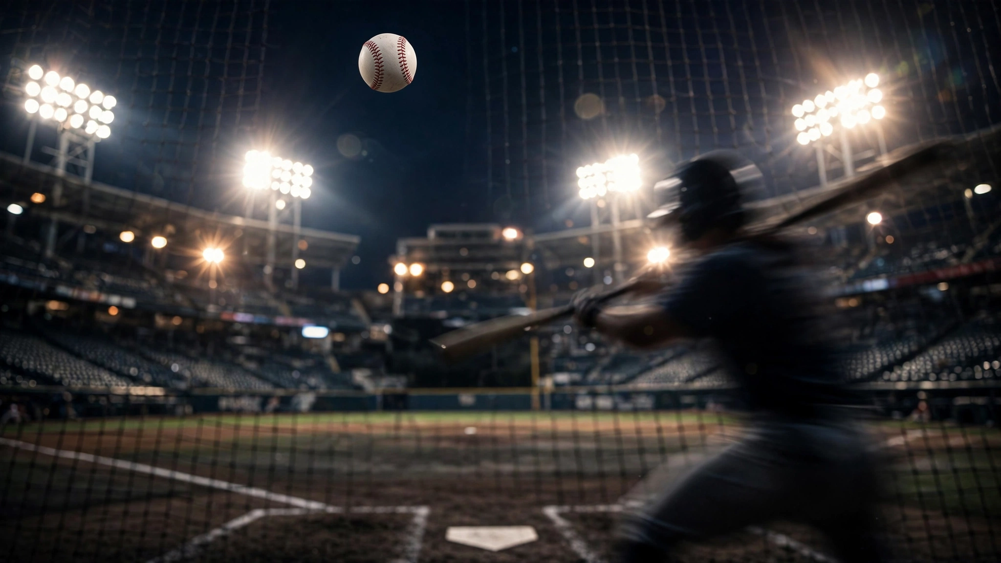A baseball flying through the air near a blurred batter swinging at night under bright stadium lights