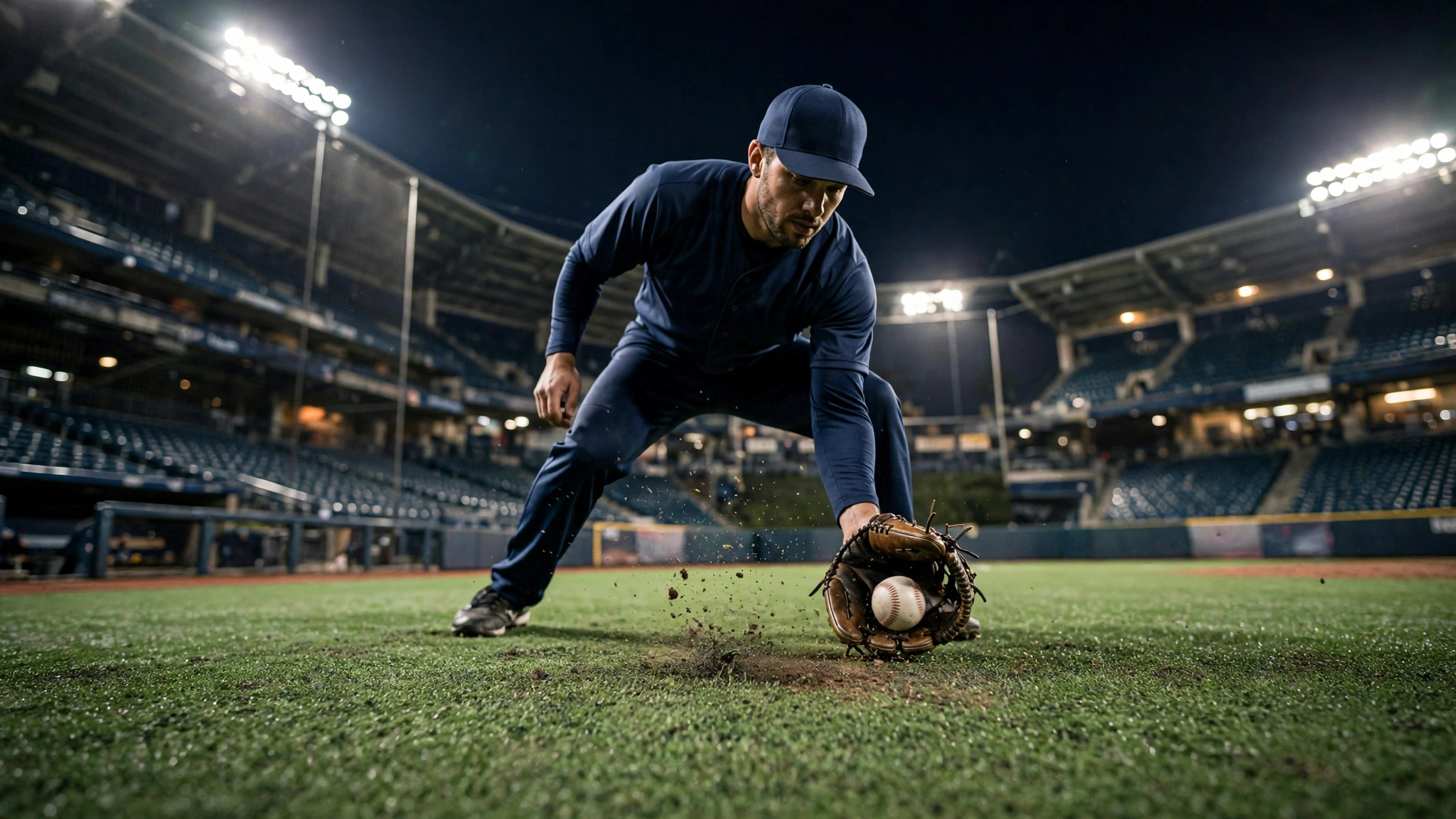 An infielder fielding a ground ball on artificial turf at night