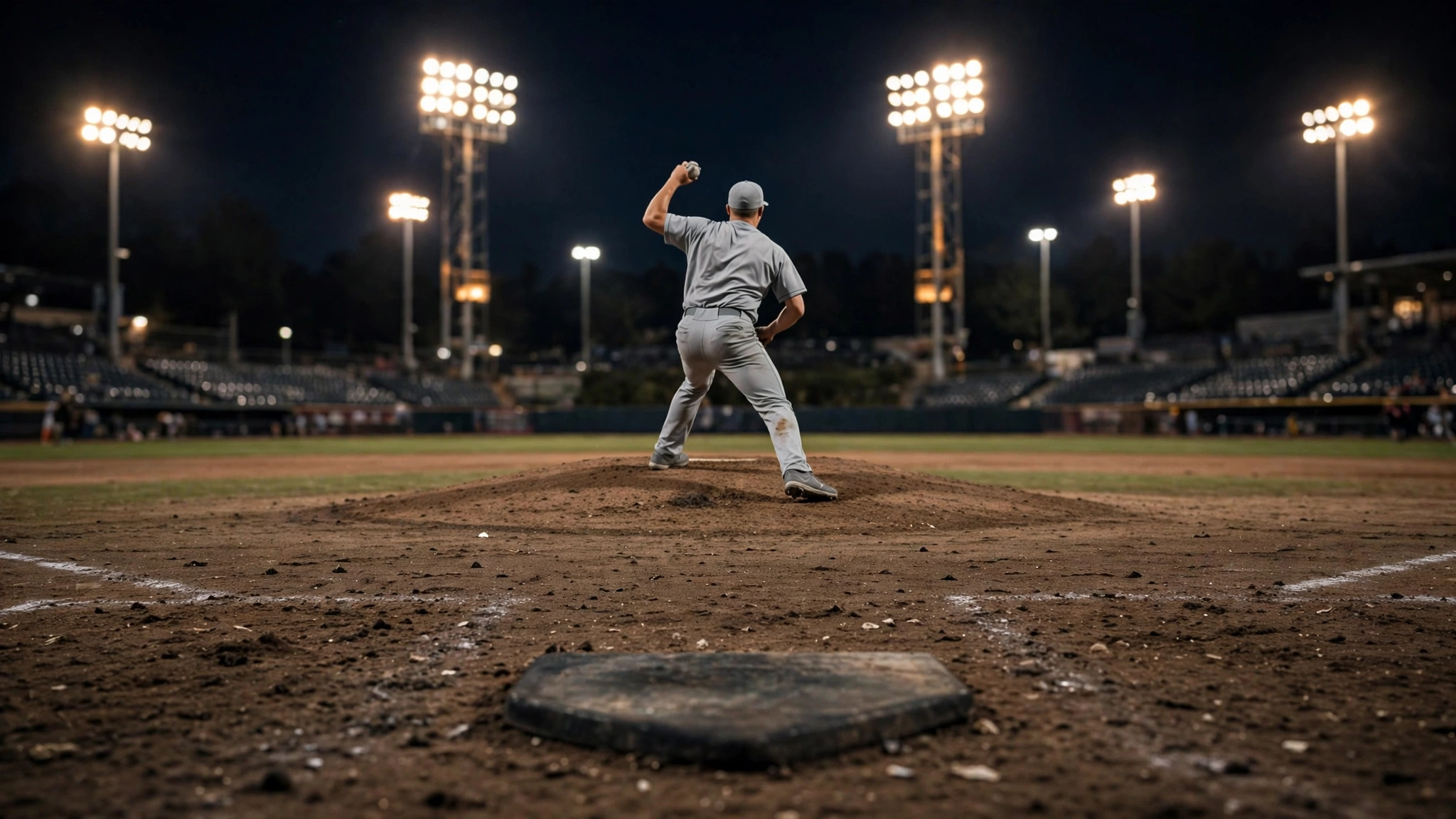 A pitcher seen from behind home plate mid-delivery on the mound under stadium lights