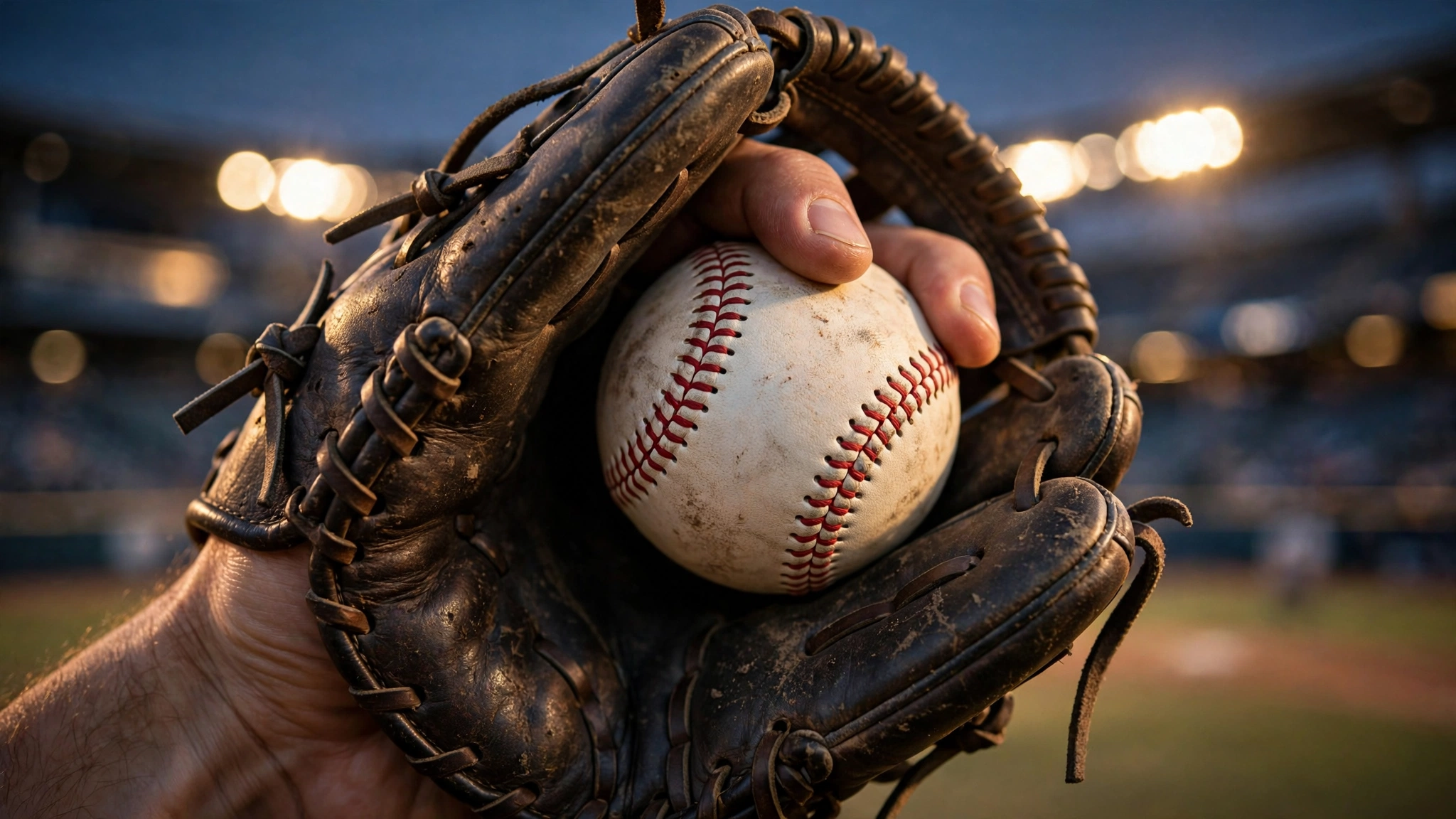 A hand gripping a baseball inside a worn brown leather glove with stadium lights blurred behind
