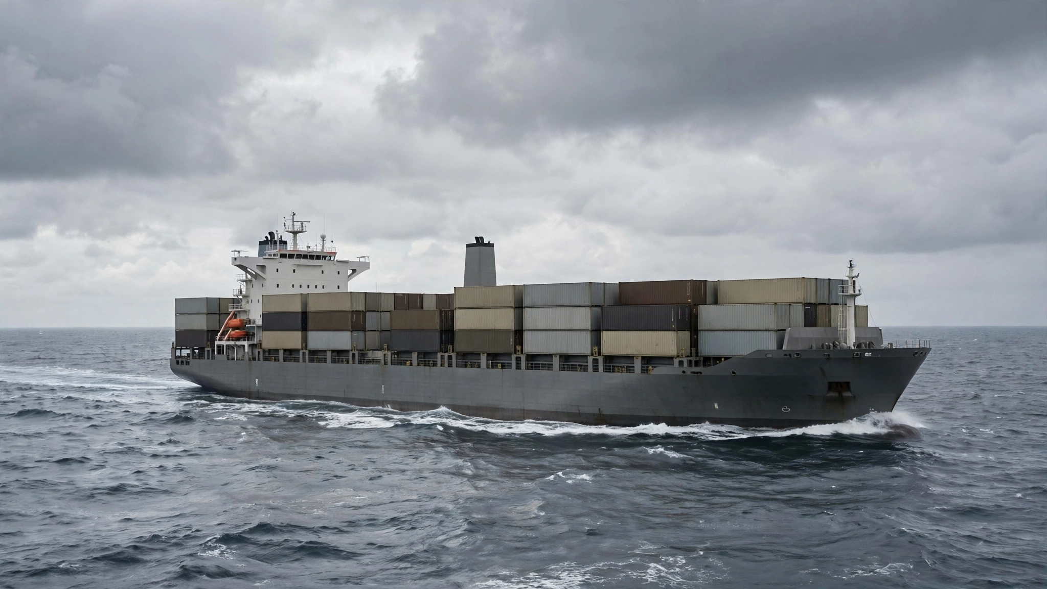 A large container cargo vessel sailing on the open sea under a cloudy sky.